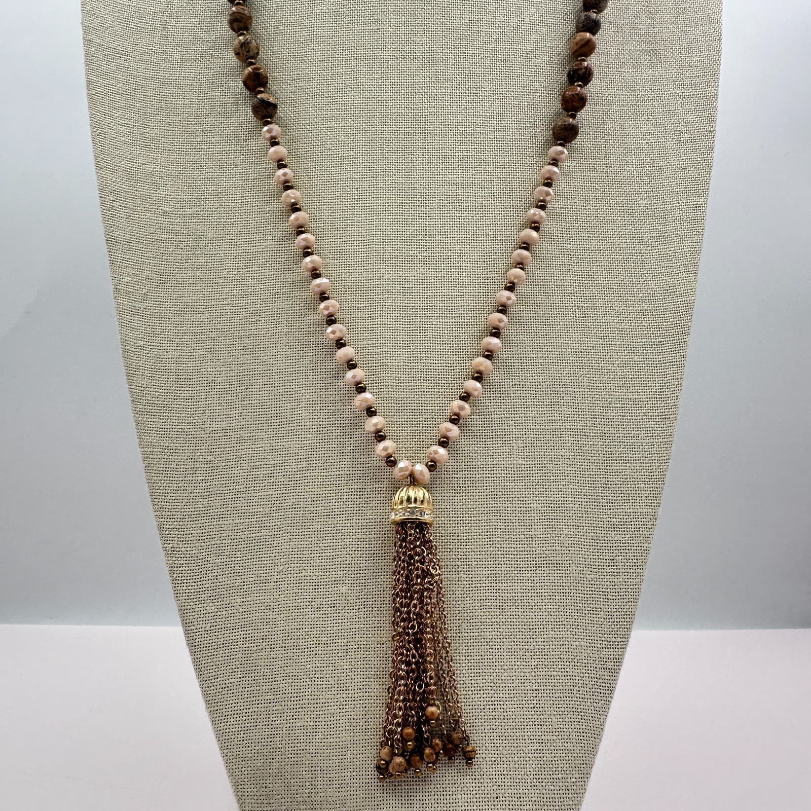 Vintage 80s Bronze Chain Tassel Pendant Sophisticated Multi Bead Strand - Thumbnail 2