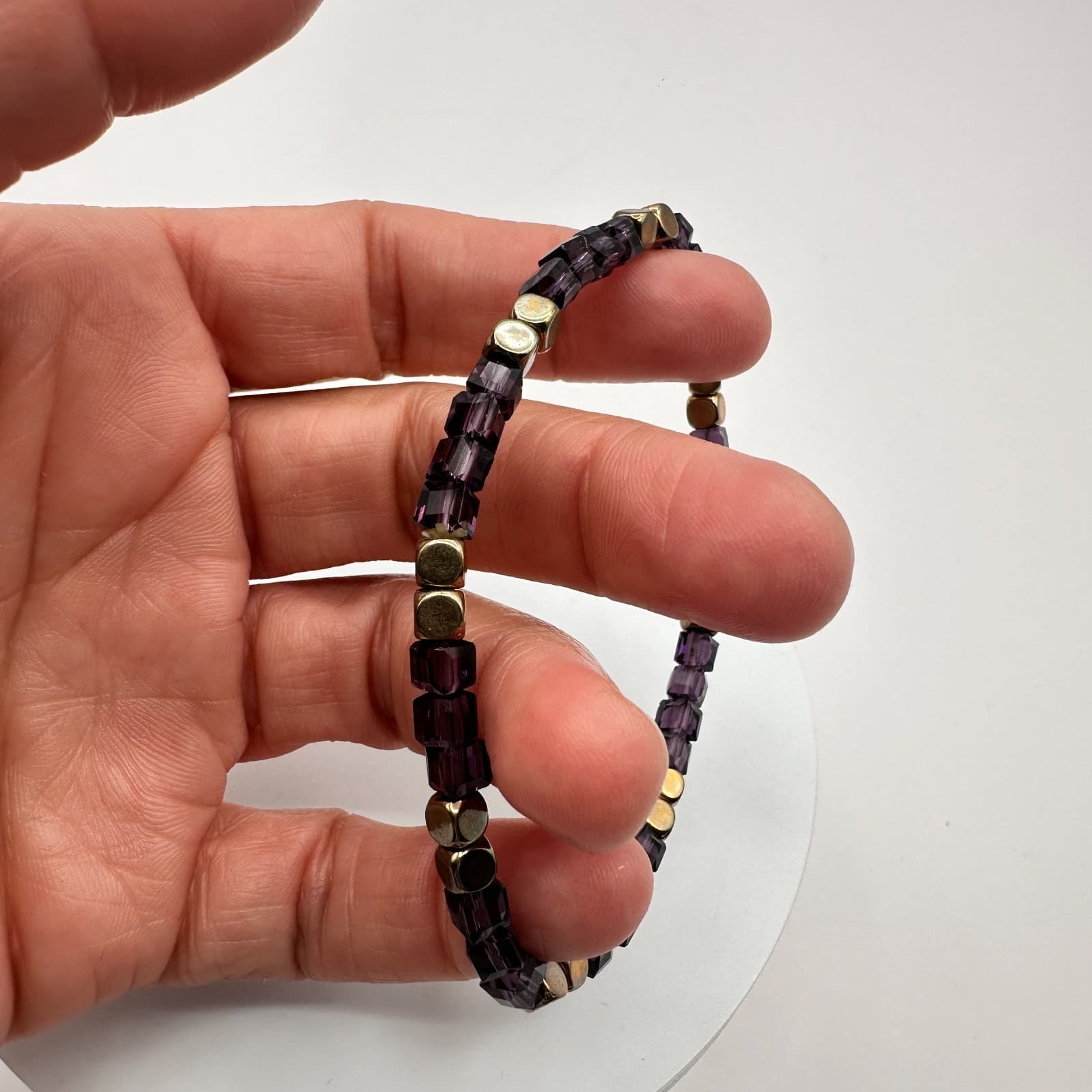 Vintage Y2K Gold tone Stretch Purple Beaded Bracelet Women's Classic Jewelry - Thumbnail 5