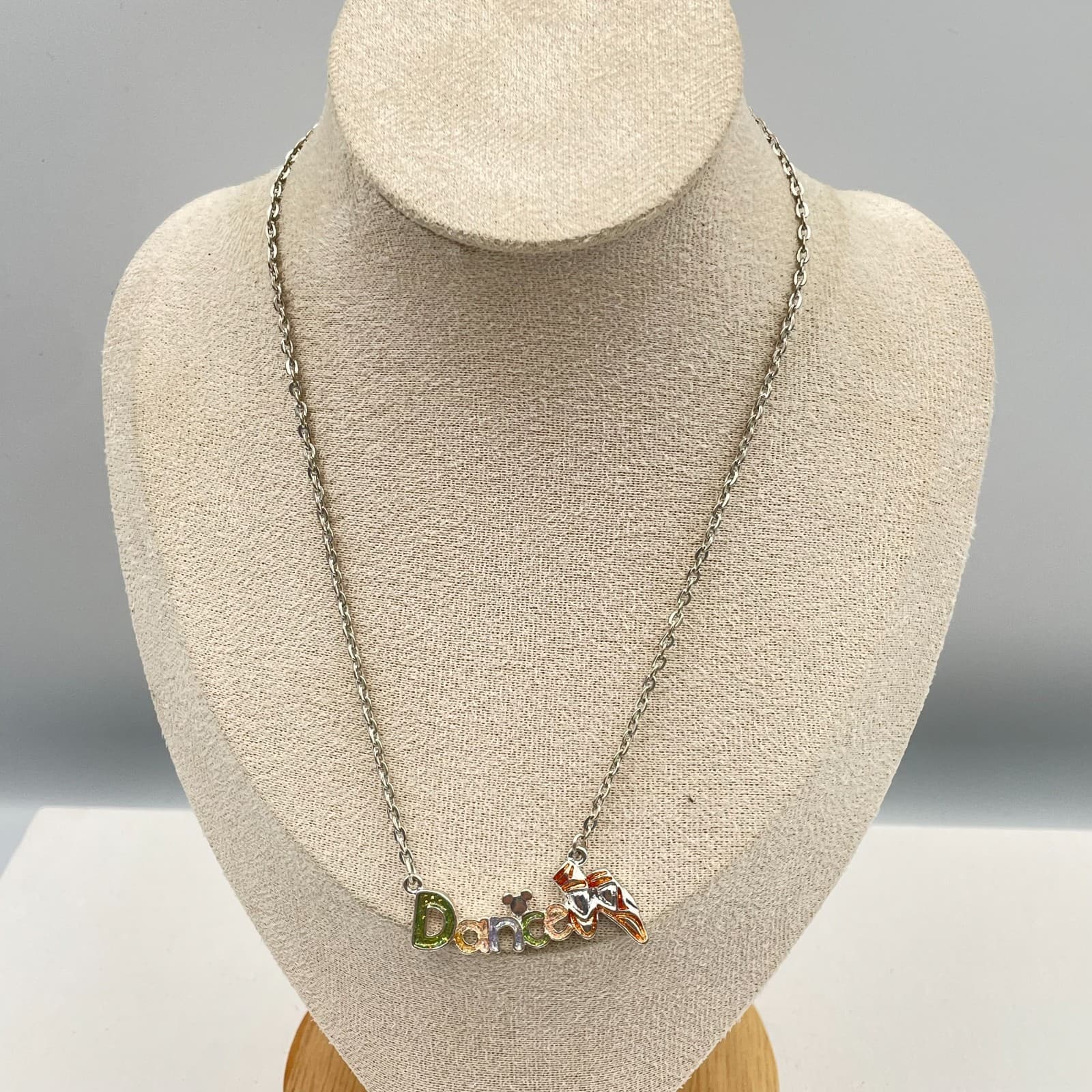 Vintage 90s Disney Dance SilverTone Glitter Enamel Mickey Mouse Necklace Jewelry - Image 1