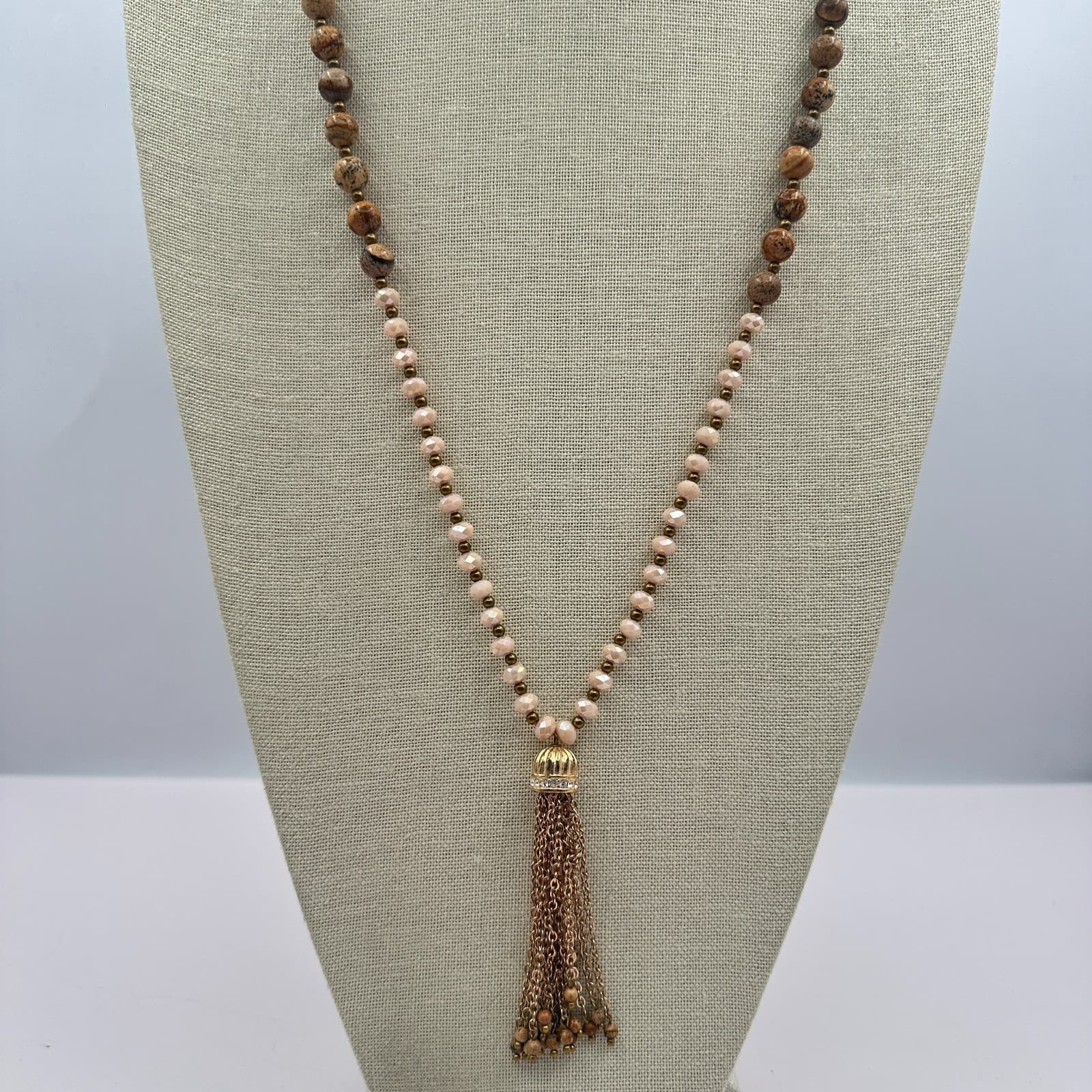 Vintage 80s Bronze Chain Tassel Pendant Sophisticated Multi Bead Strand - Thumbnail 4