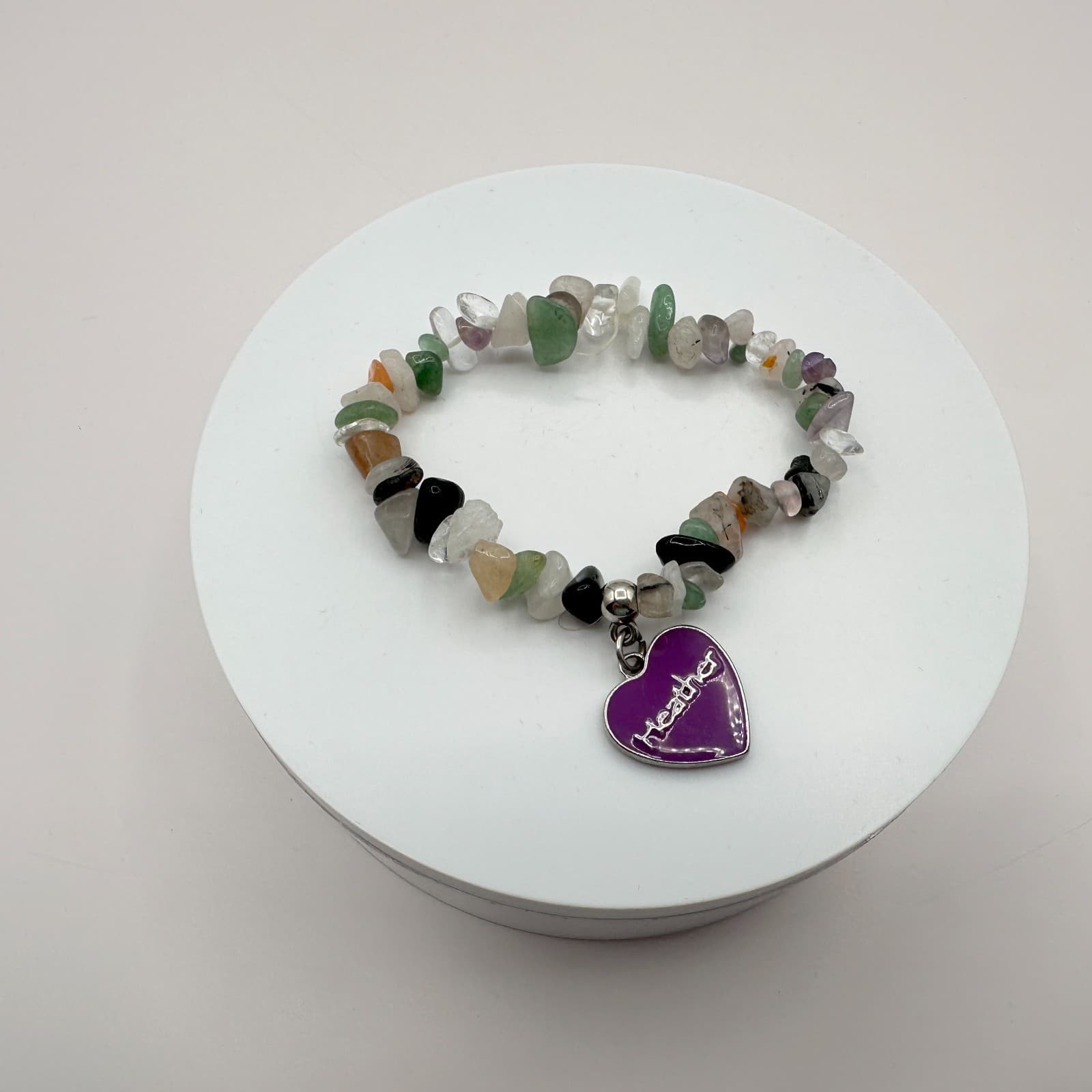 Vintage Y2K Chip Beaded Stretch Bracelet Purple Heart Charm Women's Jewelry - Thumbnail 4