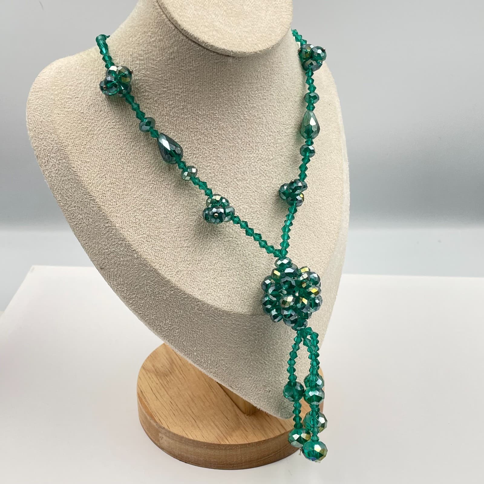 Vintage 90s Faceted Green Glass Beaded Tassel Necklace Boho Statement Jewelry - Thumbnail 5