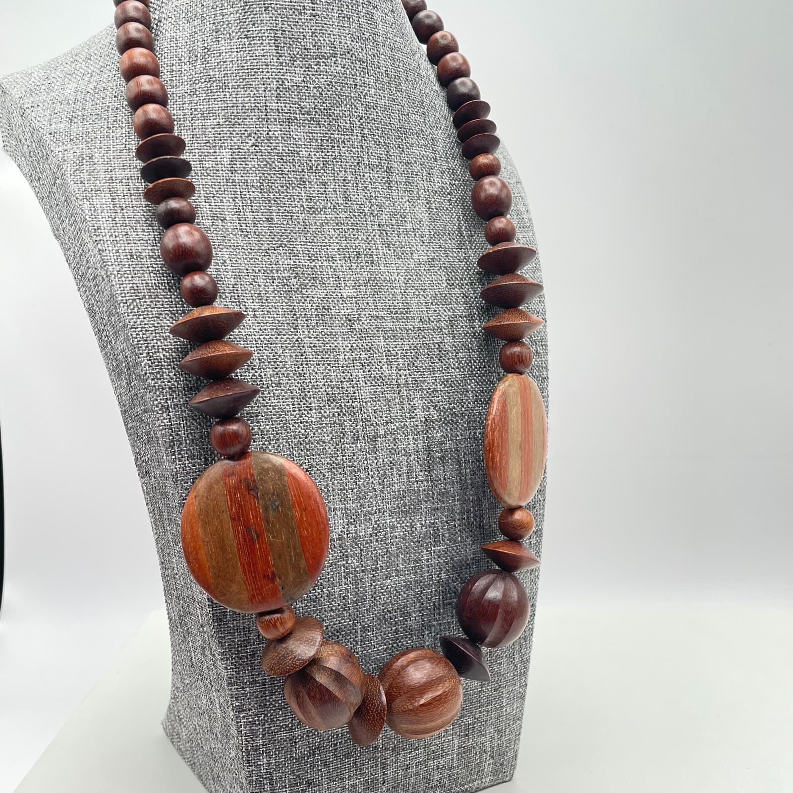 Vintage 90s Silver Tone Chunky Wooden Beaded Necklace Ethnic Women's Jewelry - Thumbnail 6