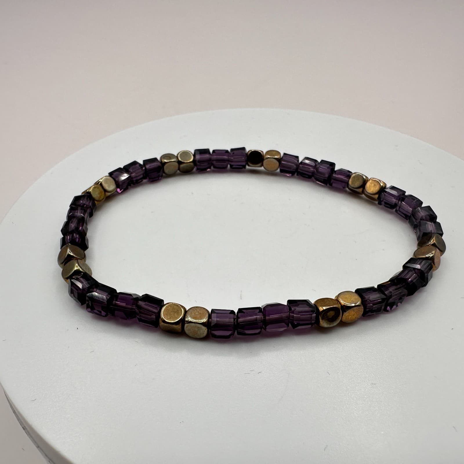 Vintage Y2K Gold tone Stretch Purple Beaded Bracelet Women's Classic Jewelry - Thumbnail 4