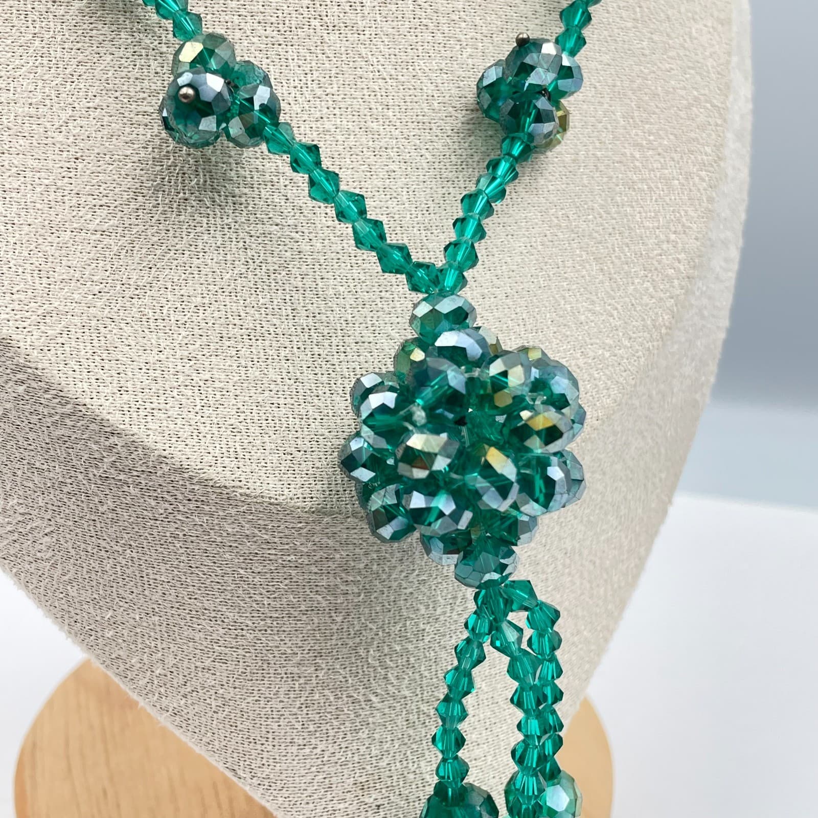 Vintage 90s Faceted Green Glass Beaded Tassel Necklace Boho Statement Jewelry - Thumbnail 6