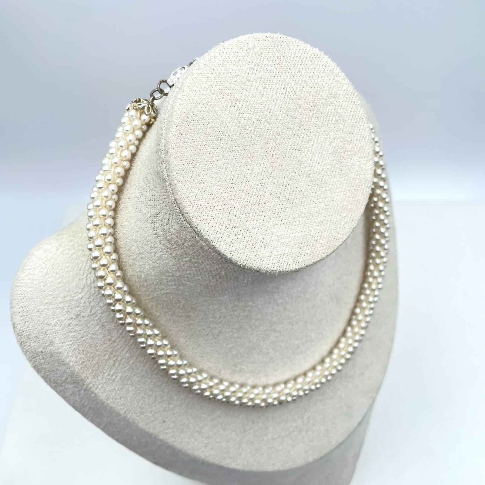 Vintage 80s Silver Tone White Twisted Multi-Strand Woven Pearl Necklace Jewelry - Thumbnail 4