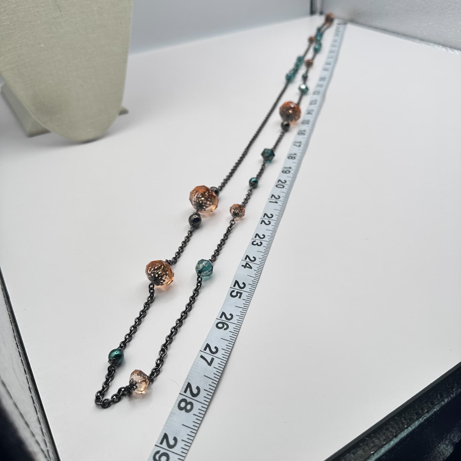 Vintage 80s Women Necklace Long Double Strand Glass Bead Gunmetal Tone Green - Thumbnail 7