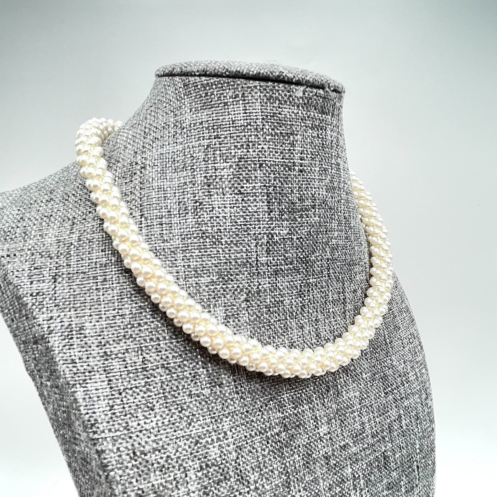 Vintage 80s Silver Tone White Twisted Multi-Strand Woven Pearl Necklace Jewelry - Thumbnail 2