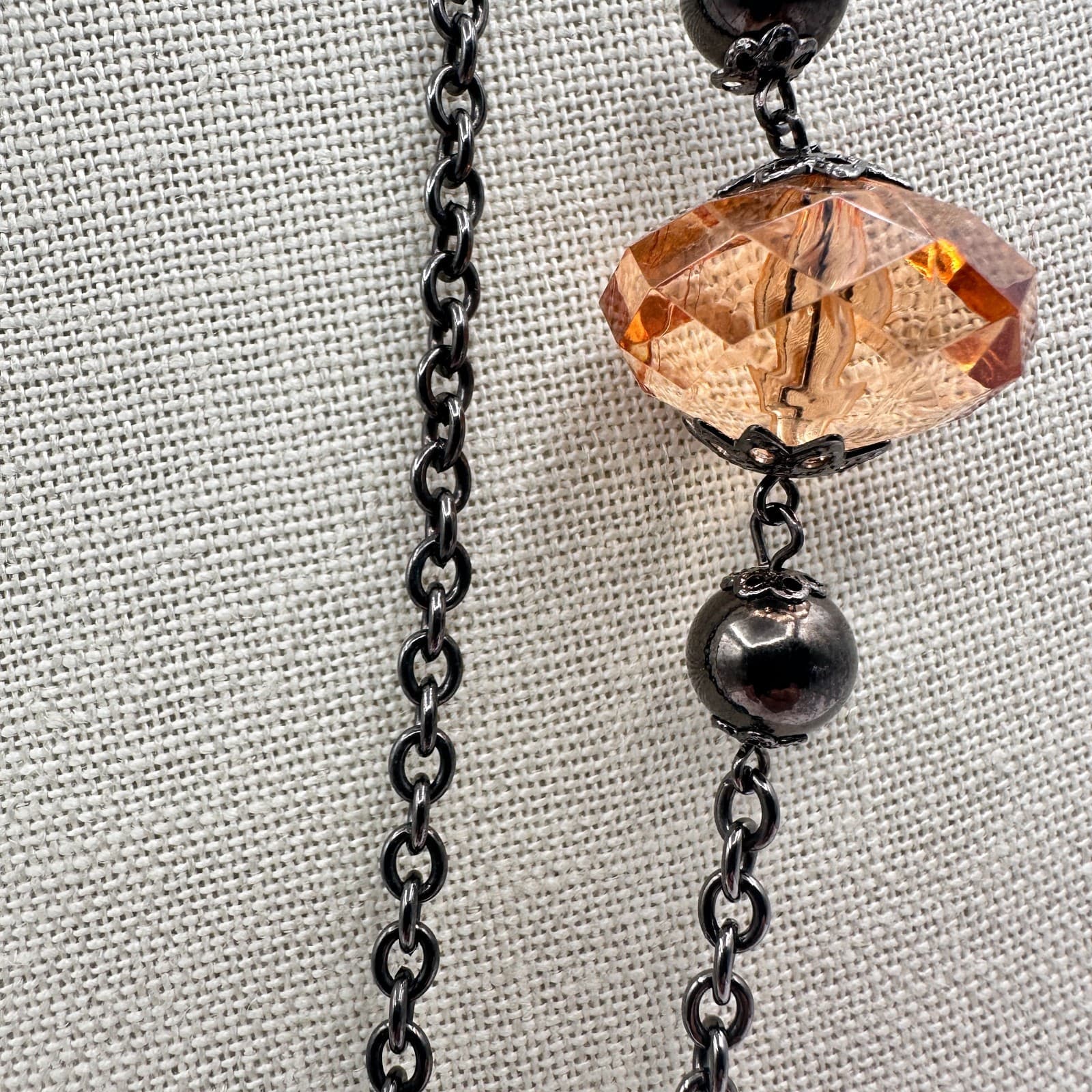 Vintage 80s Women Necklace Long Double Strand Glass Bead Gunmetal Tone Green - Thumbnail 4