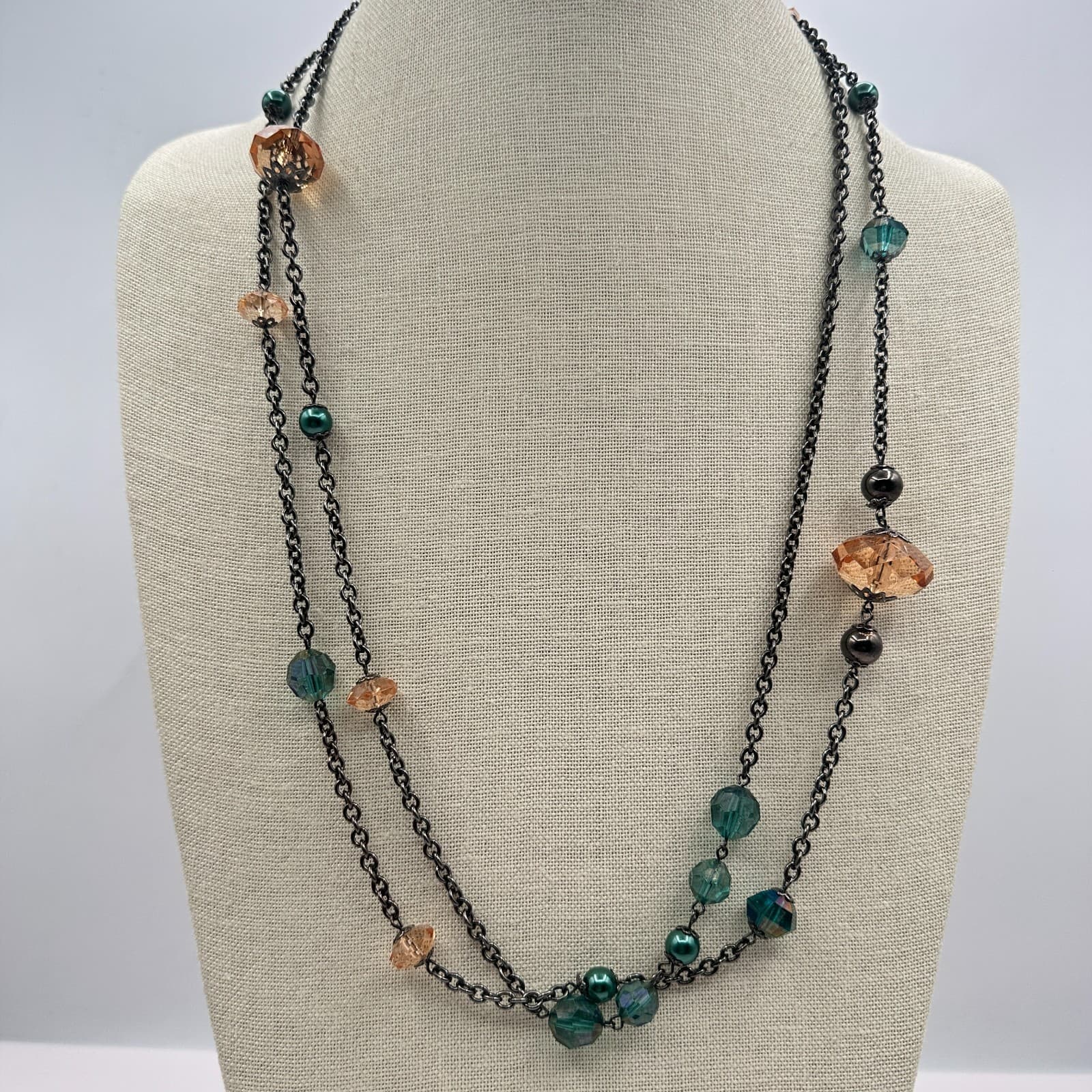 Vintage 80s Women Necklace Long Double Strand Glass Bead Gunmetal Tone Green - Thumbnail 5