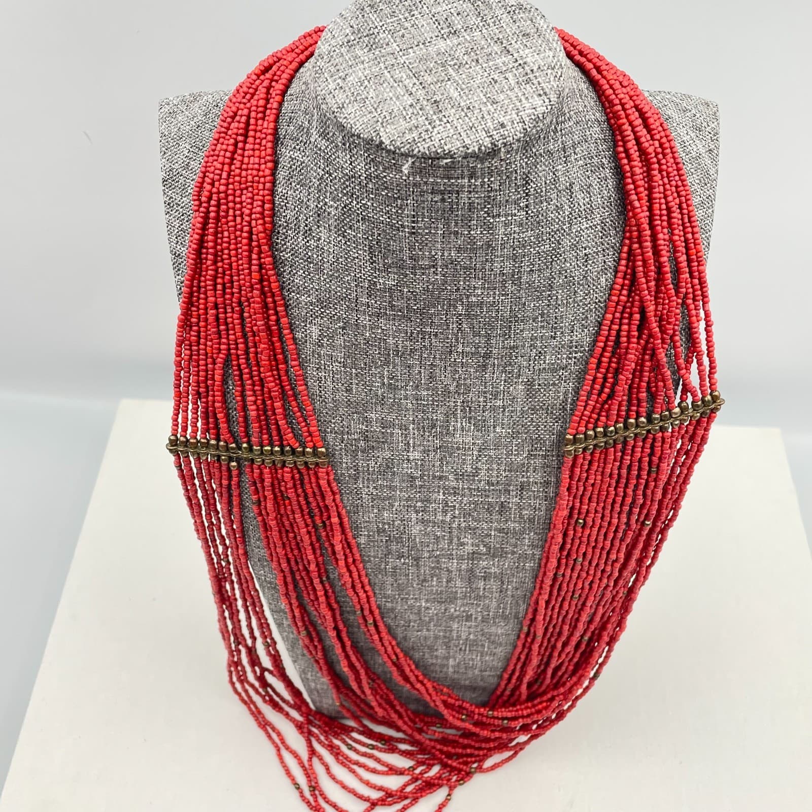 Vintage 90s Multi-Strand Red Glass Seed Bead Statement Necklace Boho Estate - Thumbnail 2