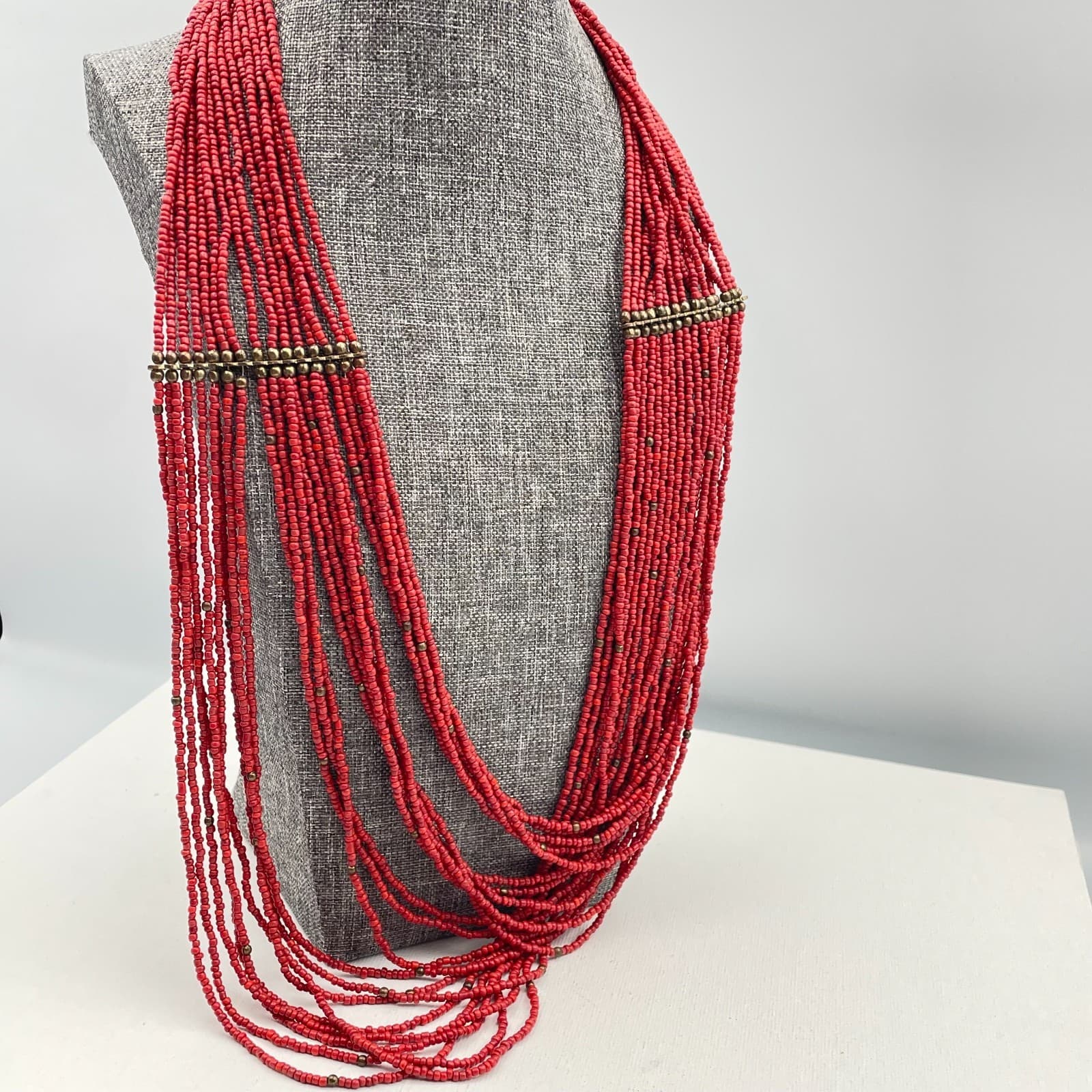 Vintage 90s Multi-Strand Red Glass Seed Bead Statement Necklace Boho Estate - Thumbnail 3