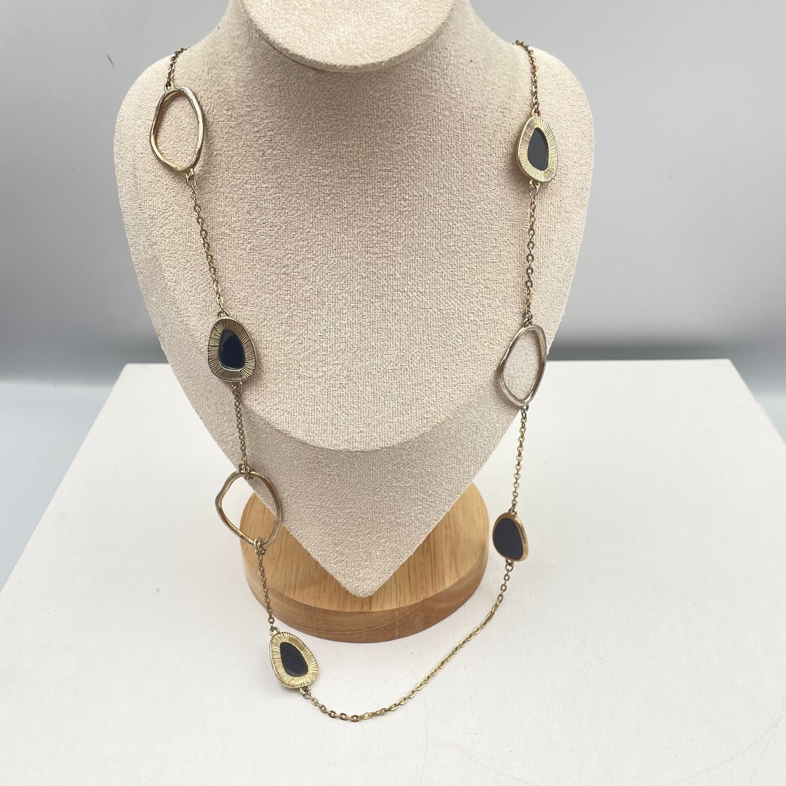 Vintage 90s Gold Tone Long Station Necklace Black Enamel Boho Classic Jewelry - Image 1