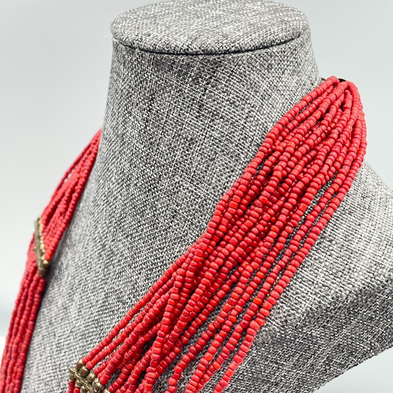 Vintage 90s Multi-Strand Red Glass Seed Bead Statement Necklace Boho Estate - Thumbnail 6