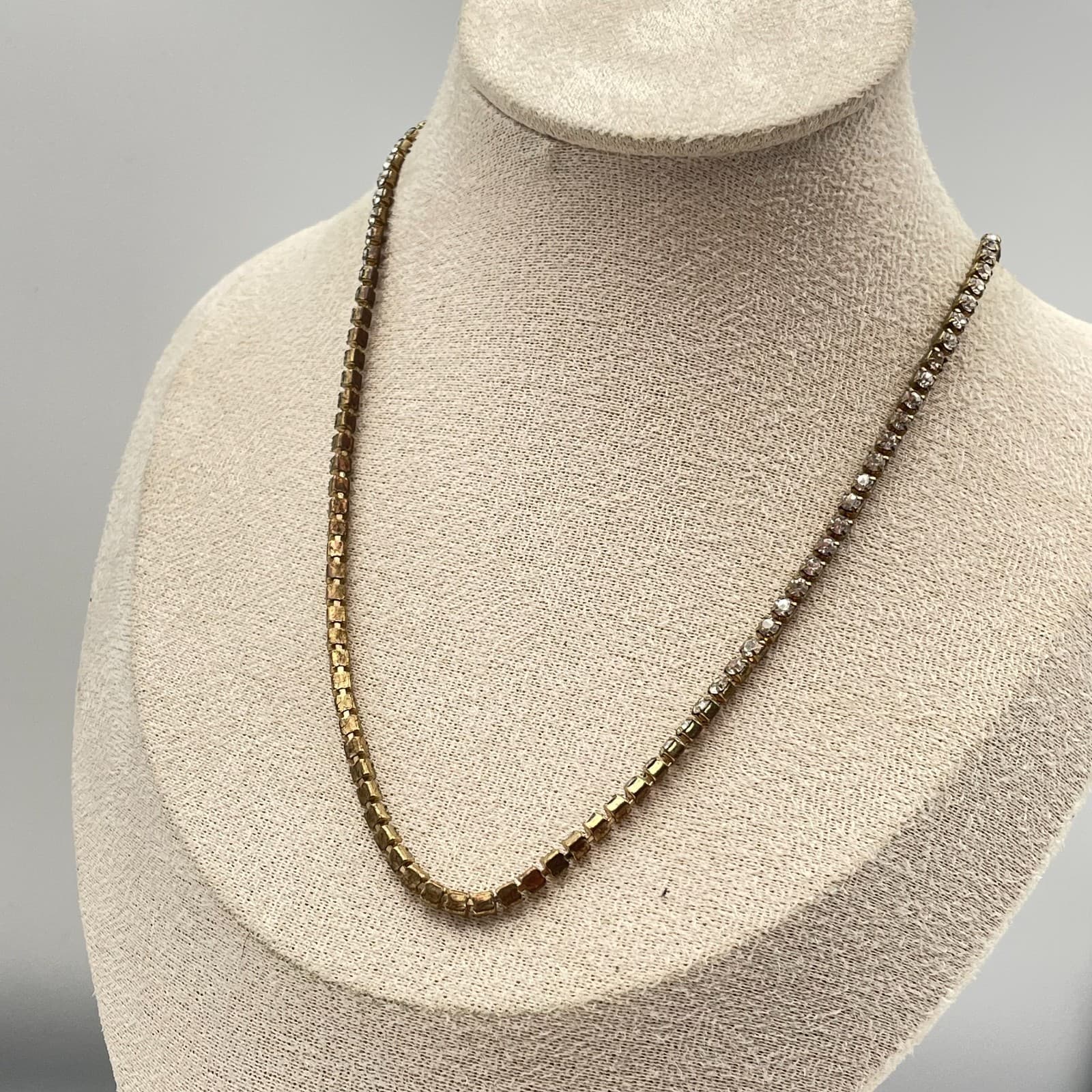 Vintage 90s Sugarfix Gold Tone Clear Glass Tennis Necklace Minimalist Modern - Thumbnail 7