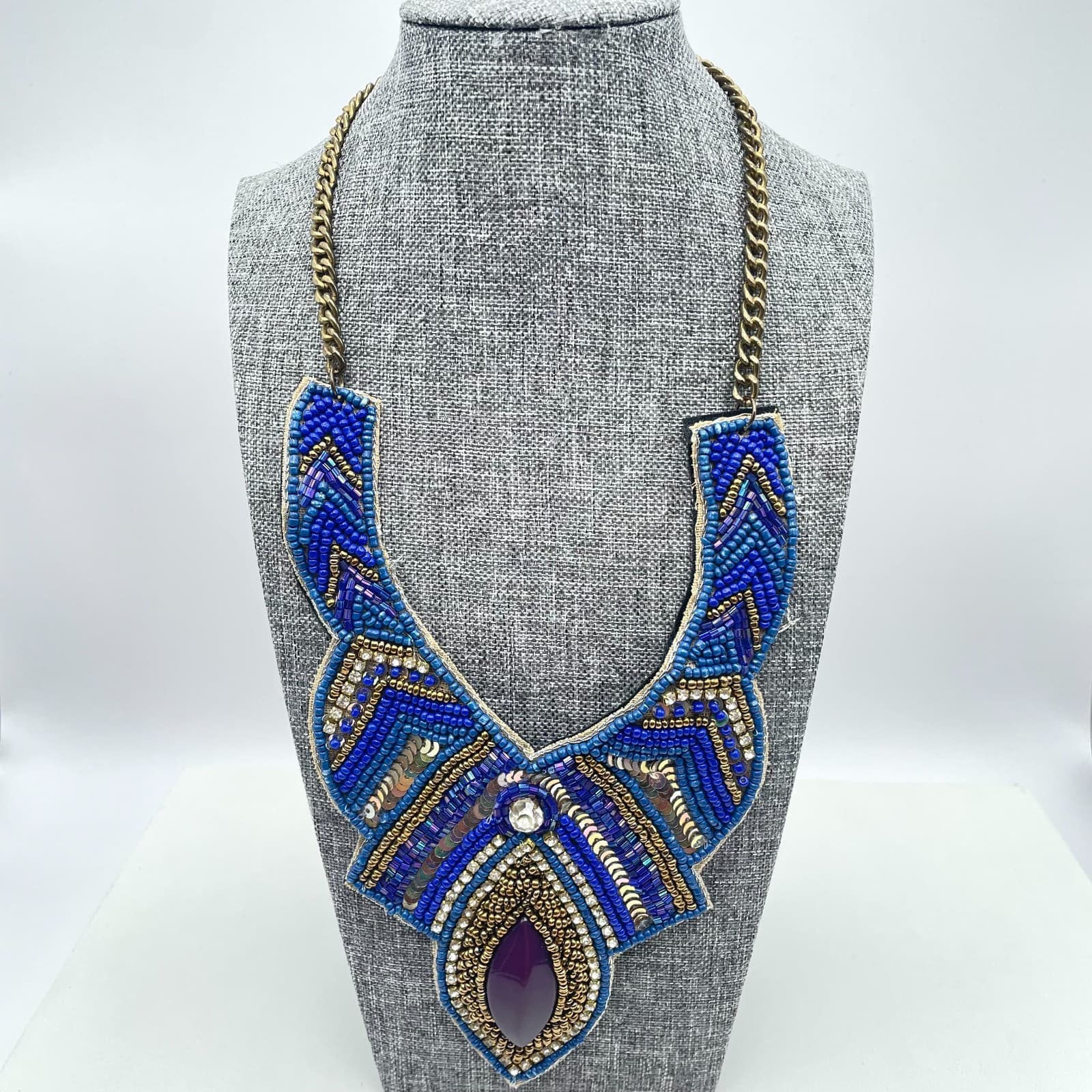 Vintage Y2K Gold Tone Purple Resin Rhinestone Blue Beaded Bib Necklace Jewelry - Image 1