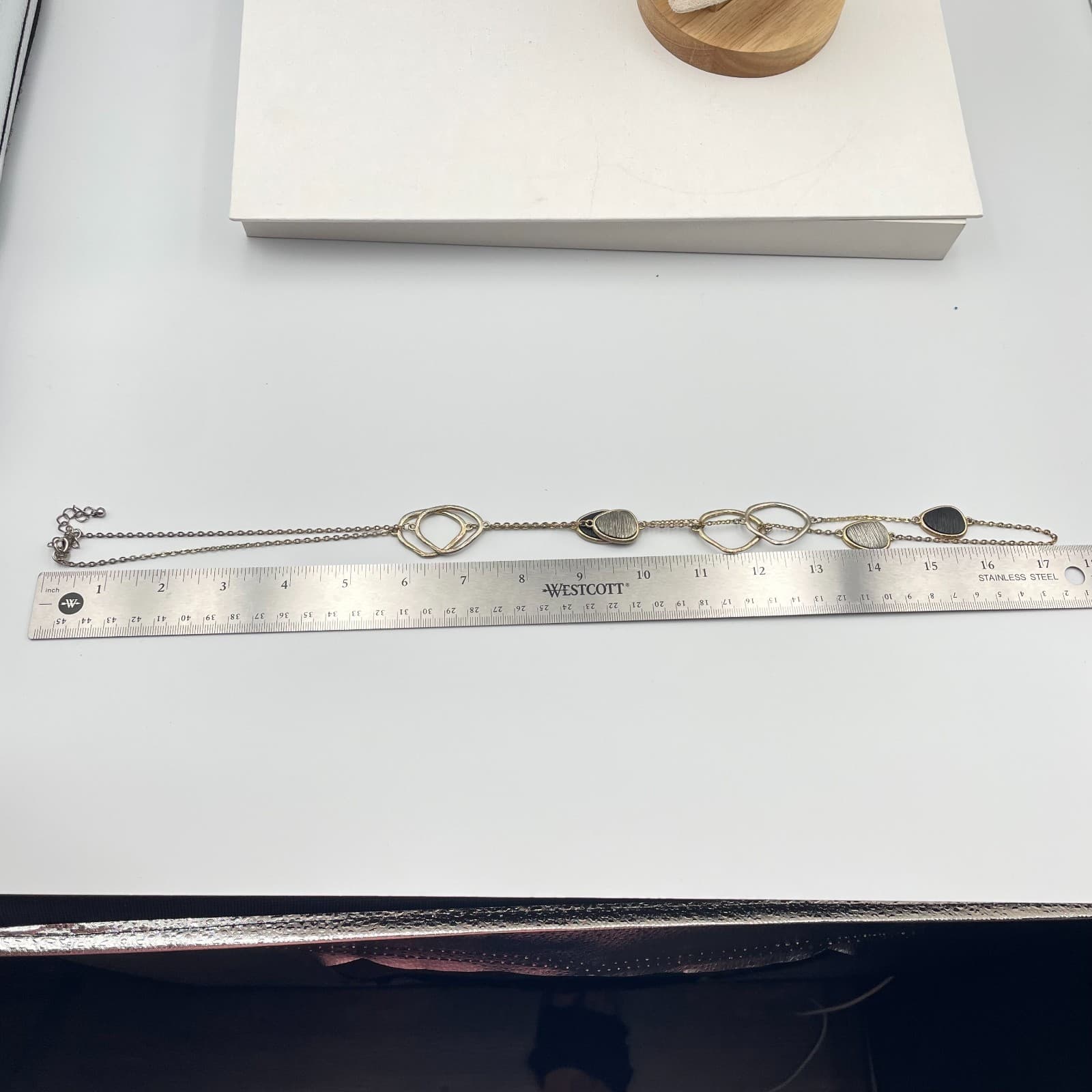 Vintage 90s Gold Tone Long Station Necklace Black Enamel Boho Classic Jewelry - Thumbnail 6