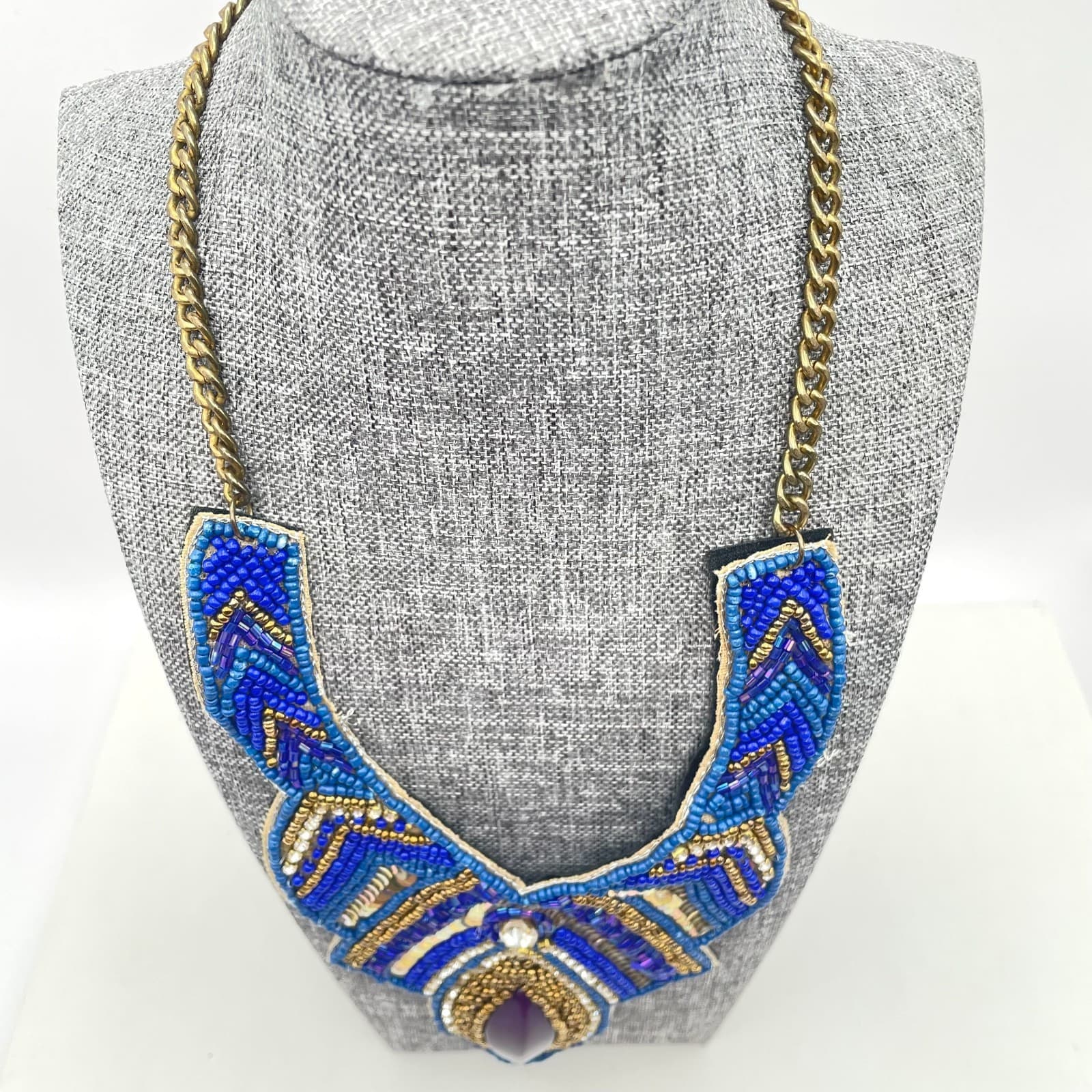 Vintage Y2K Gold Tone Purple Resin Rhinestone Blue Beaded Bib Necklace Jewelry - Thumbnail 3