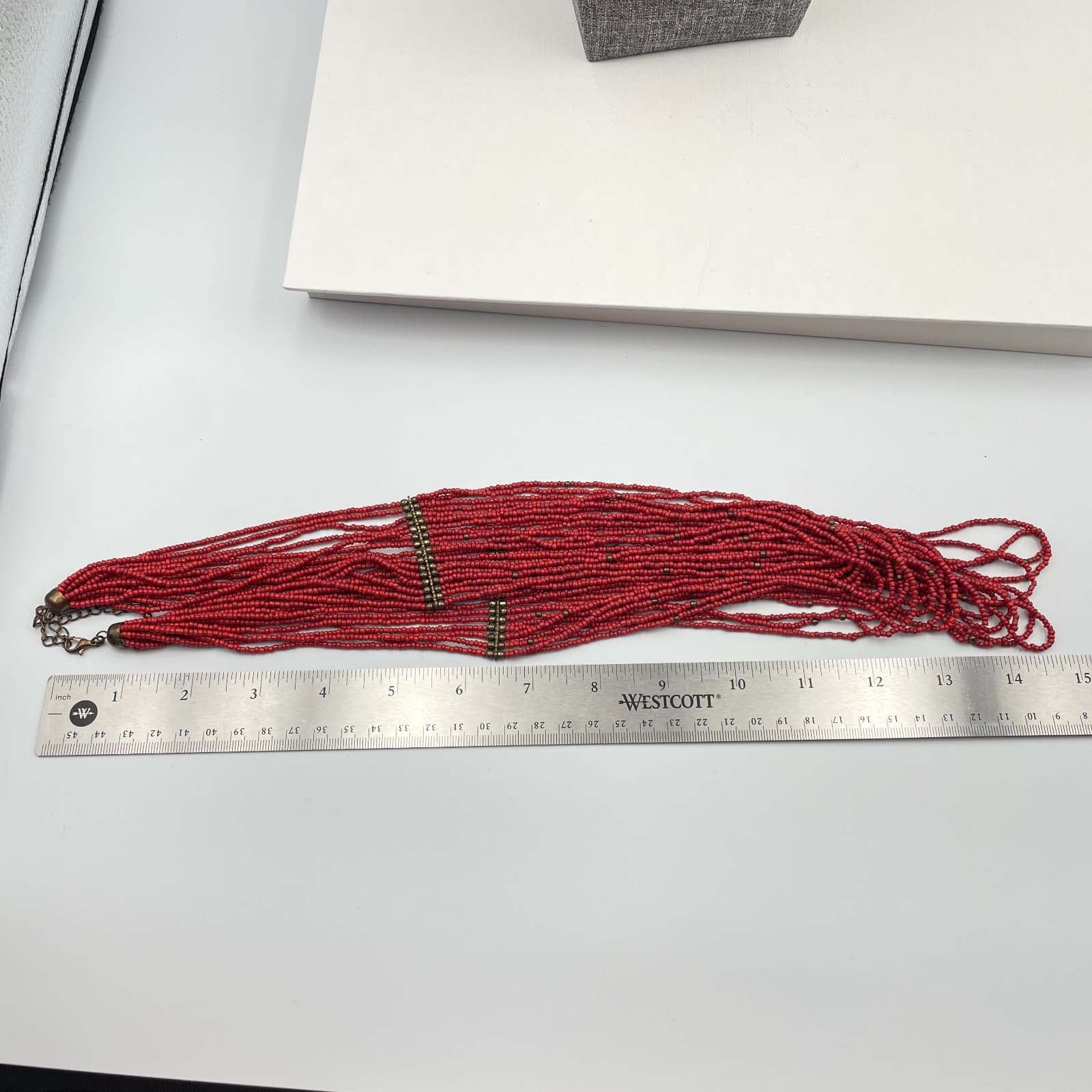 Vintage 90s Multi-Strand Red Glass Seed Bead Statement Necklace Boho Estate - Thumbnail 8