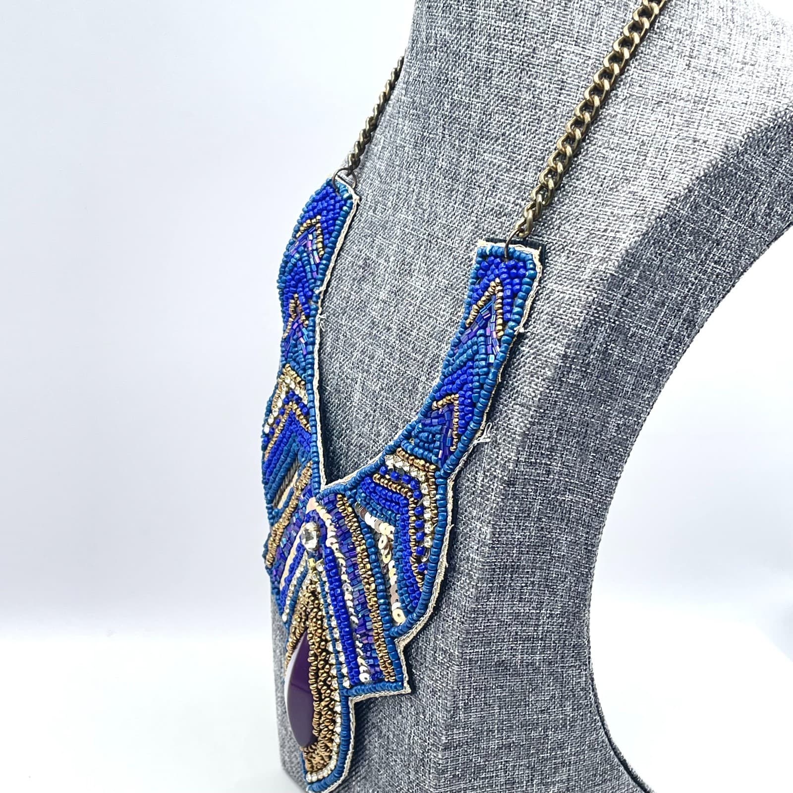 Vintage Y2K Gold Tone Purple Resin Rhinestone Blue Beaded Bib Necklace Jewelry - Thumbnail 8