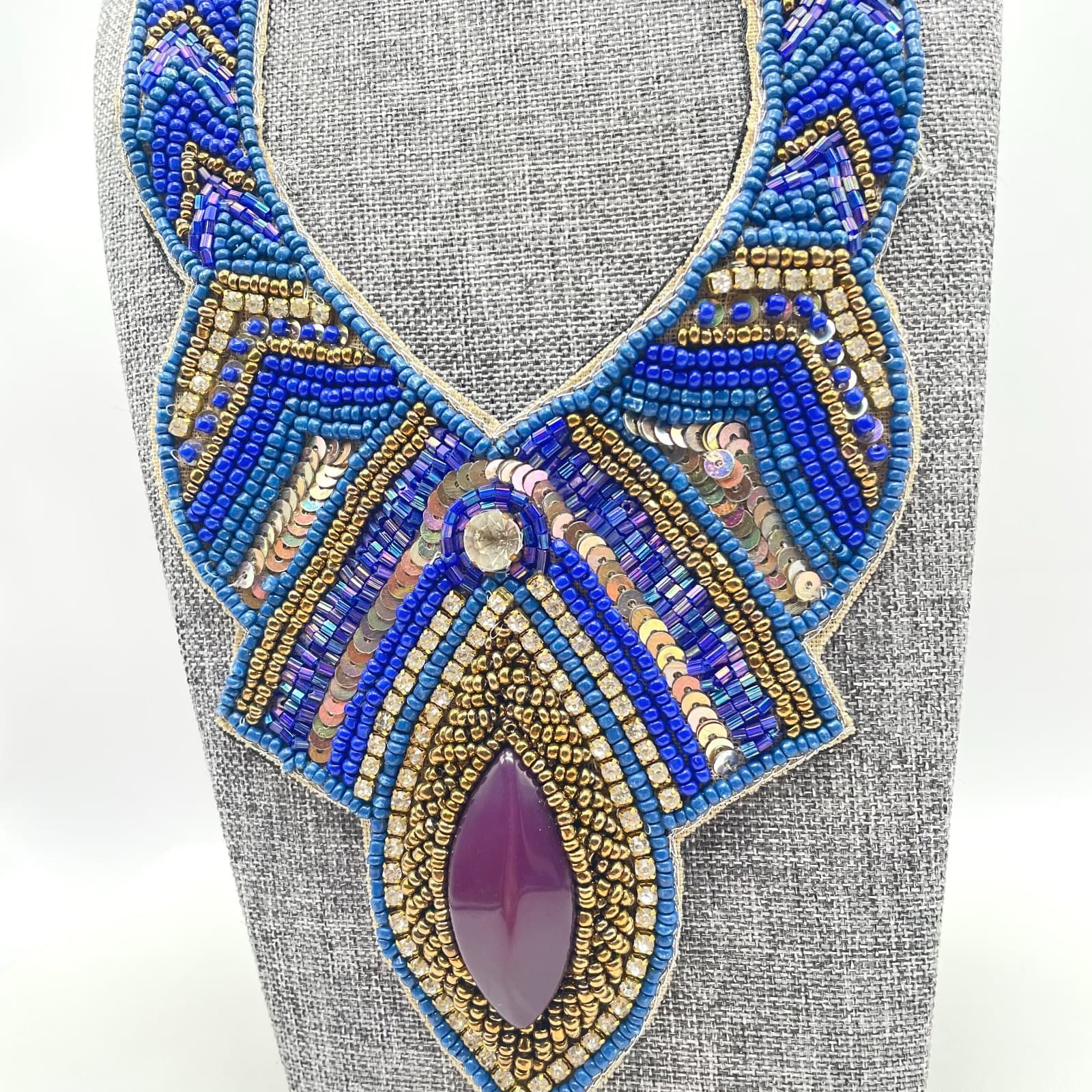 Vintage Y2K Gold Tone Purple Resin Rhinestone Blue Beaded Bib Necklace Jewelry - Thumbnail 4