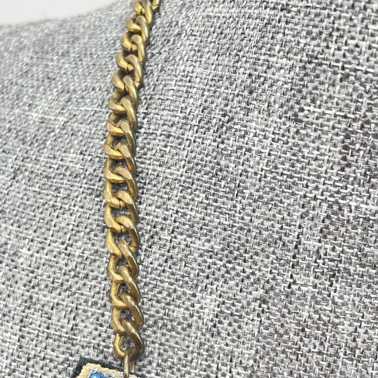 Vintage Y2K Gold Tone Purple Resin Rhinestone Blue Beaded Bib Necklace Jewelry - Thumbnail 6