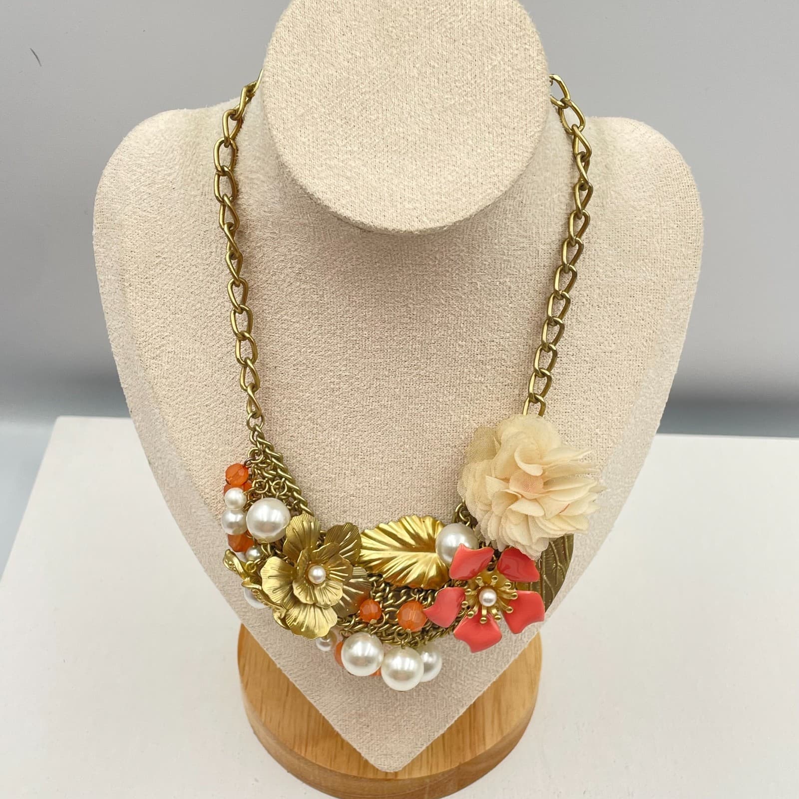 Vintage 90s Robert Rose Floral Bib Necklace Gold Tone Glass Pearl Coral Pink - Image 1