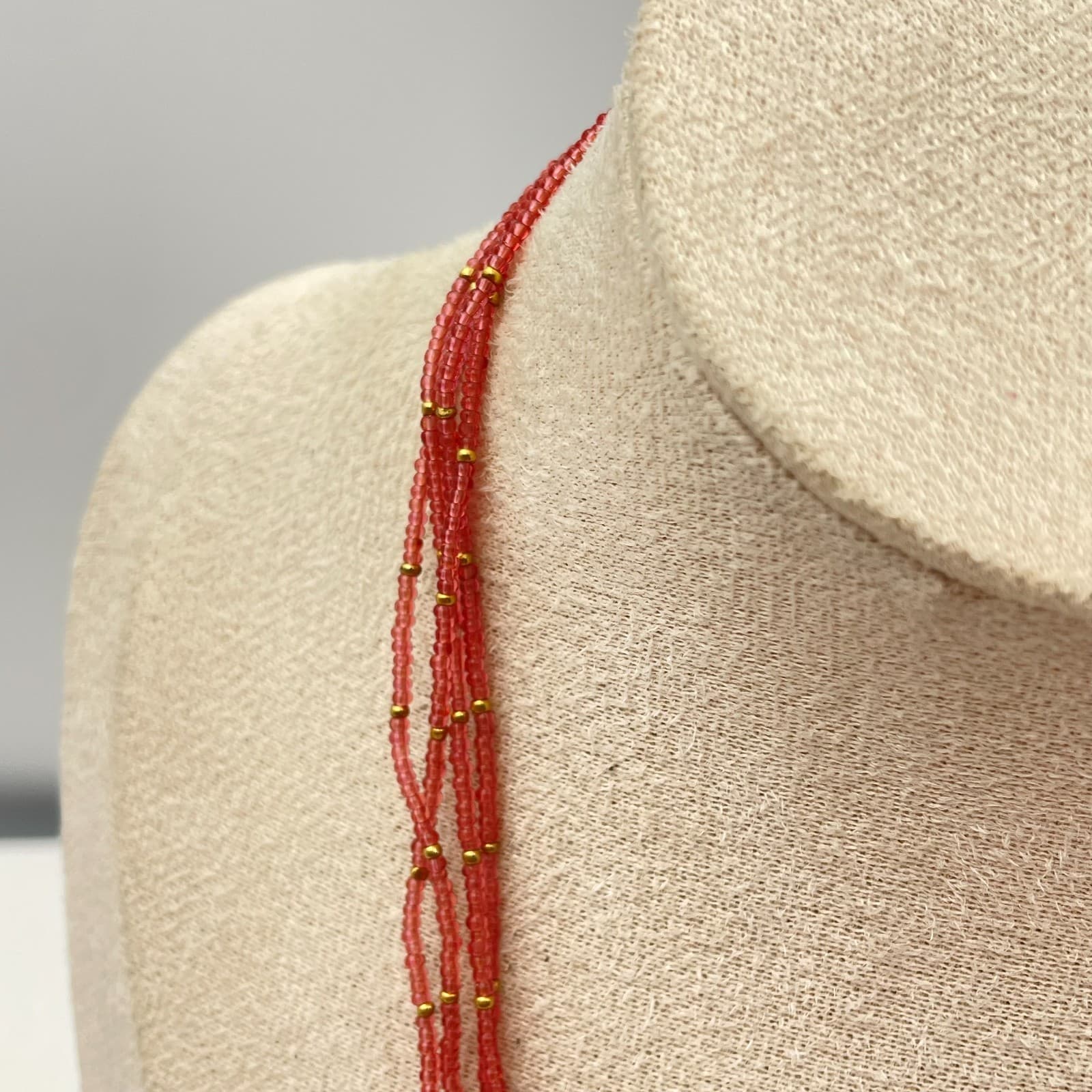 Vintage Y2K Gold Tone Multi Strand Seed Bead Necklace Red Boho Women's Jewelry - Thumbnail 5