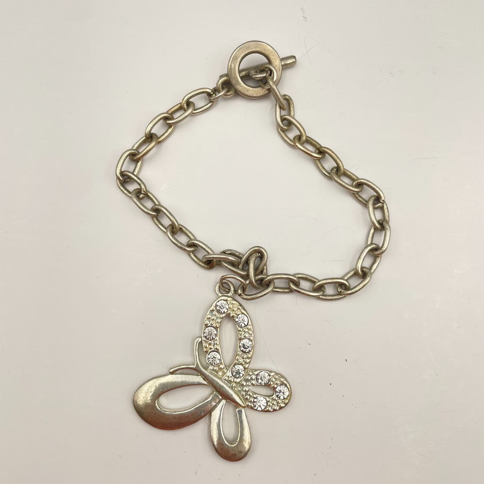 Vintage Y2K Silver Tone Butterfly Charm Bracelet Rhinestone Women's Jewelry - Image 1