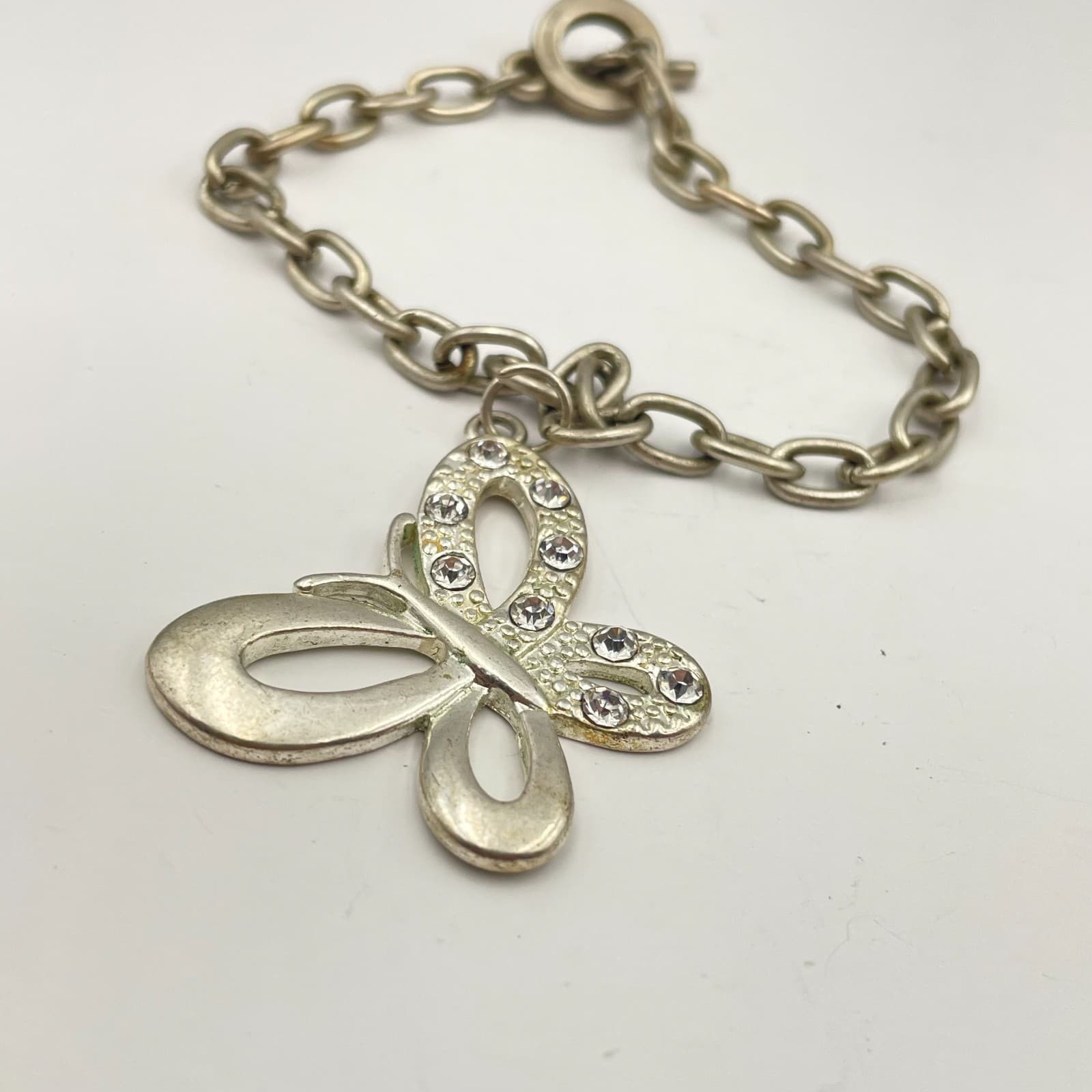 Vintage Y2K Silver Tone Butterfly Charm Bracelet Rhinestone Women's Jewelry - Thumbnail 2