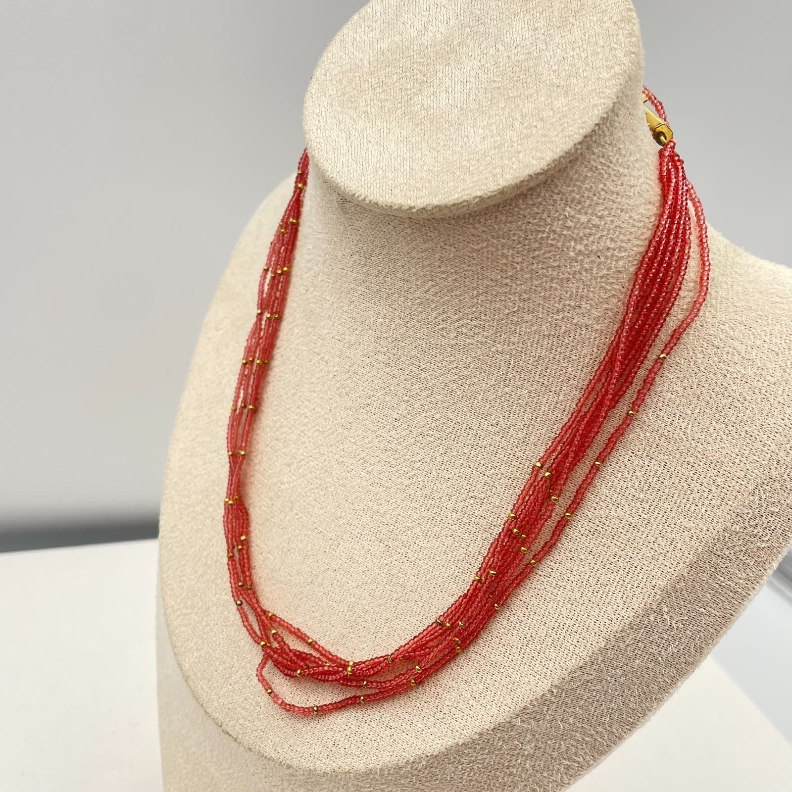 Vintage Y2K Gold Tone Multi Strand Seed Bead Necklace Red Boho Women's Jewelry - Thumbnail 3
