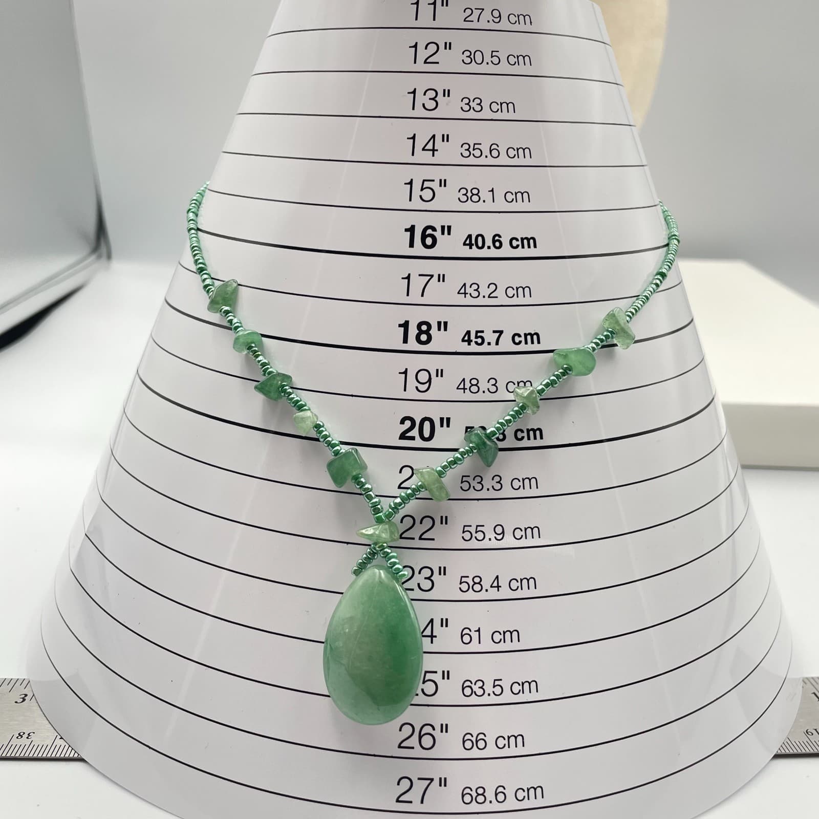 Vintage 90s Green Aventurine Glass Bead Pendant Necklace Boho Fashion Jewelry - Thumbnail 8