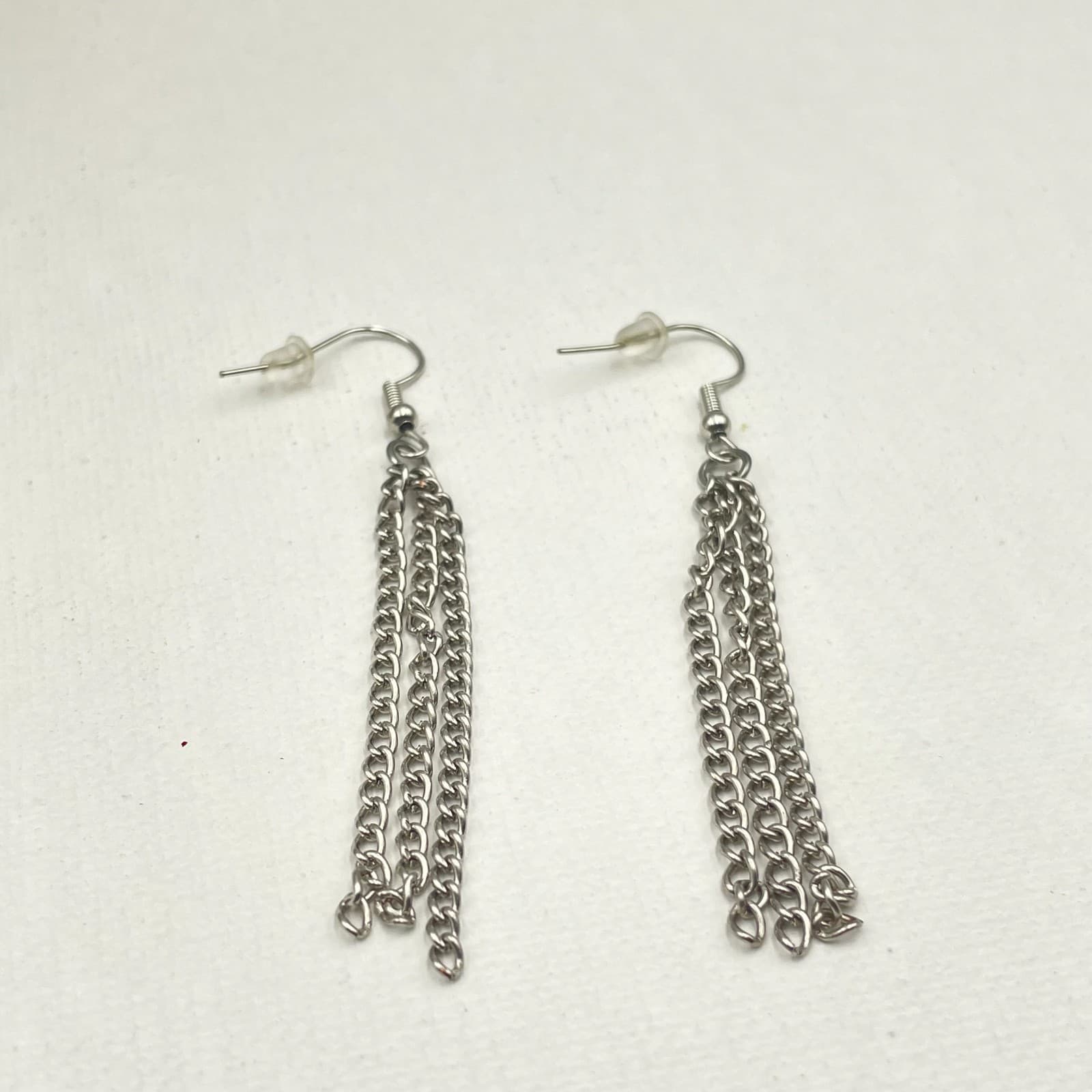 Vintage 90s Silver Tone Curb Chain Necklace & Triple Dangle Earrings Jewelry Set - Thumbnail 9