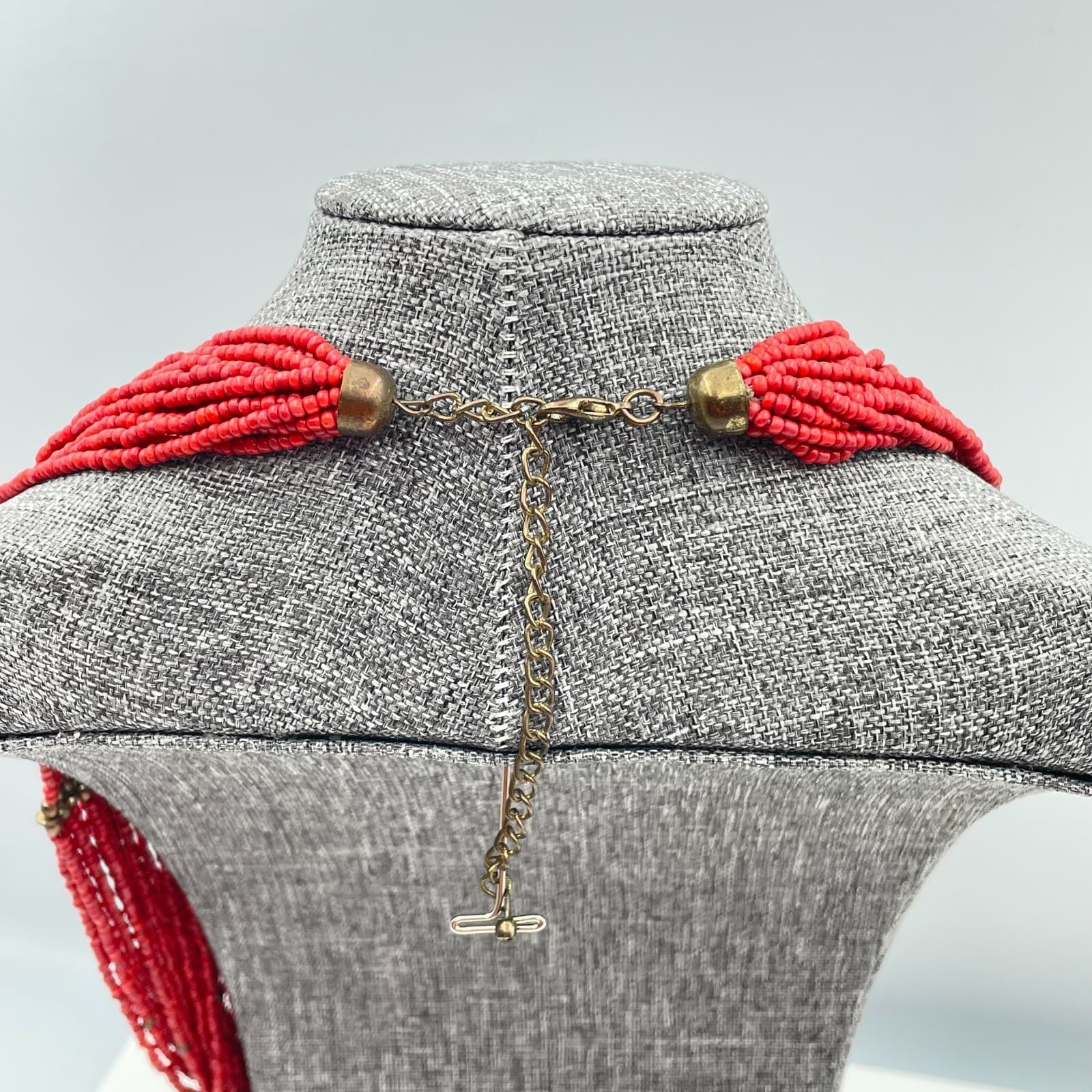 Vintage 90s Multi-Strand Red Glass Seed Bead Statement Necklace Boho Estate - Thumbnail 7