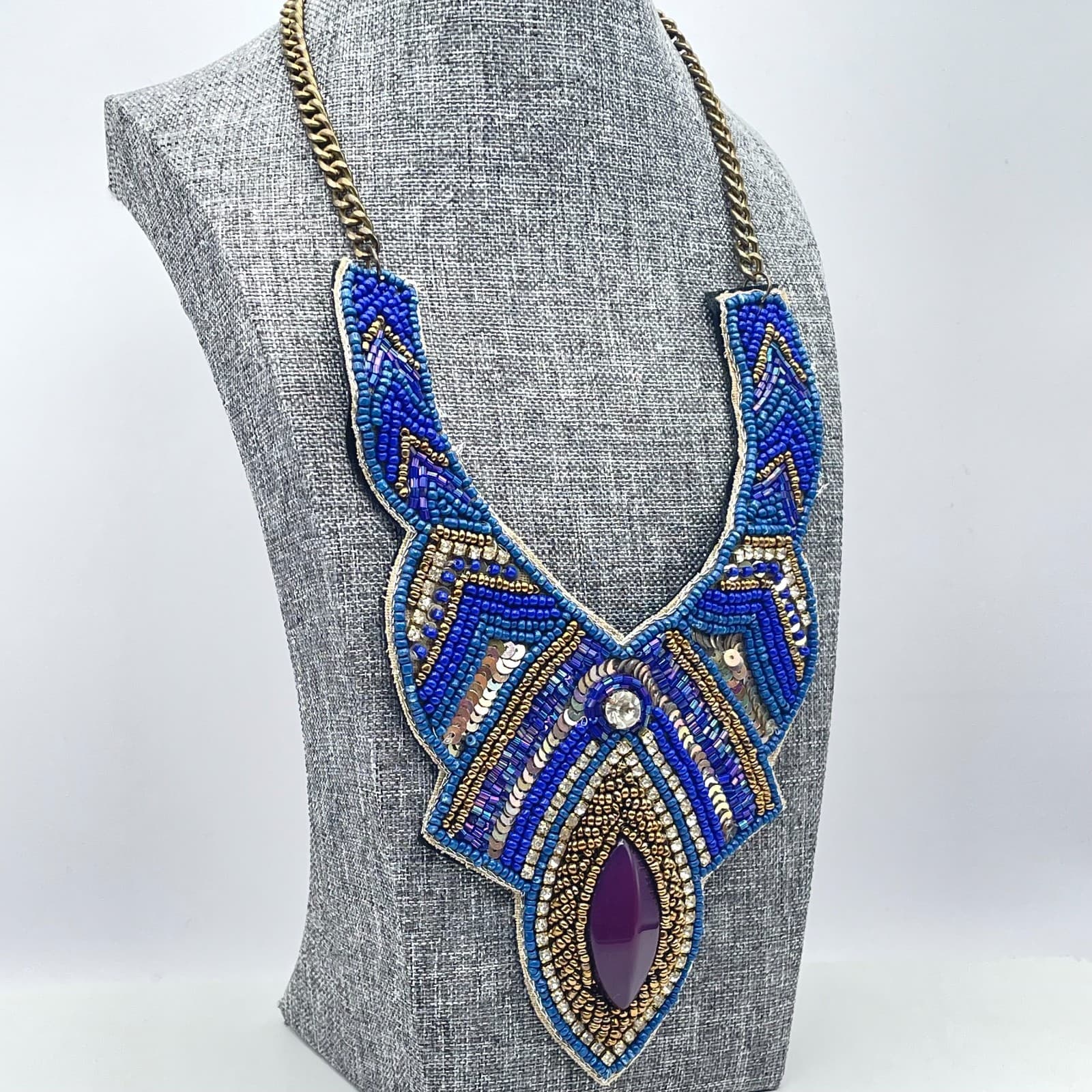 Vintage Y2K Gold Tone Purple Resin Rhinestone Blue Beaded Bib Necklace Jewelry - Thumbnail 7