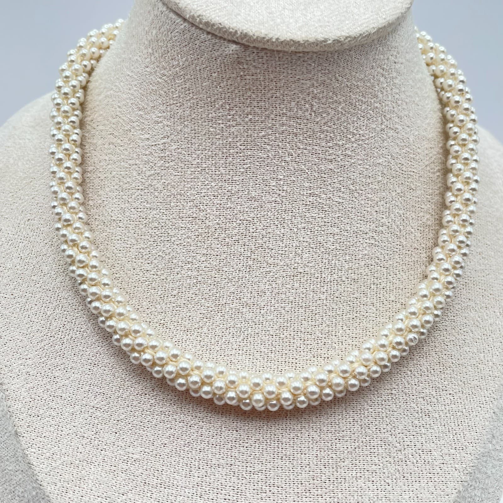 Vintage 80s Silver Tone White Twisted Multi-Strand Woven Pearl Necklace Jewelry - Thumbnail 3