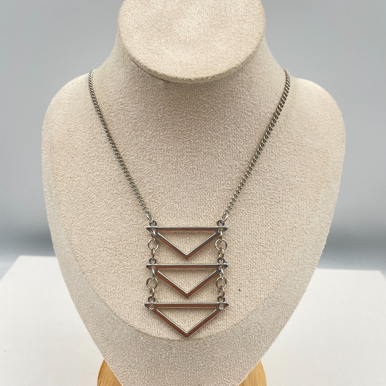Vintage 90s Silver Tone Geometric Triple Triangle Tiered Pendant Necklace Modern - Image 1