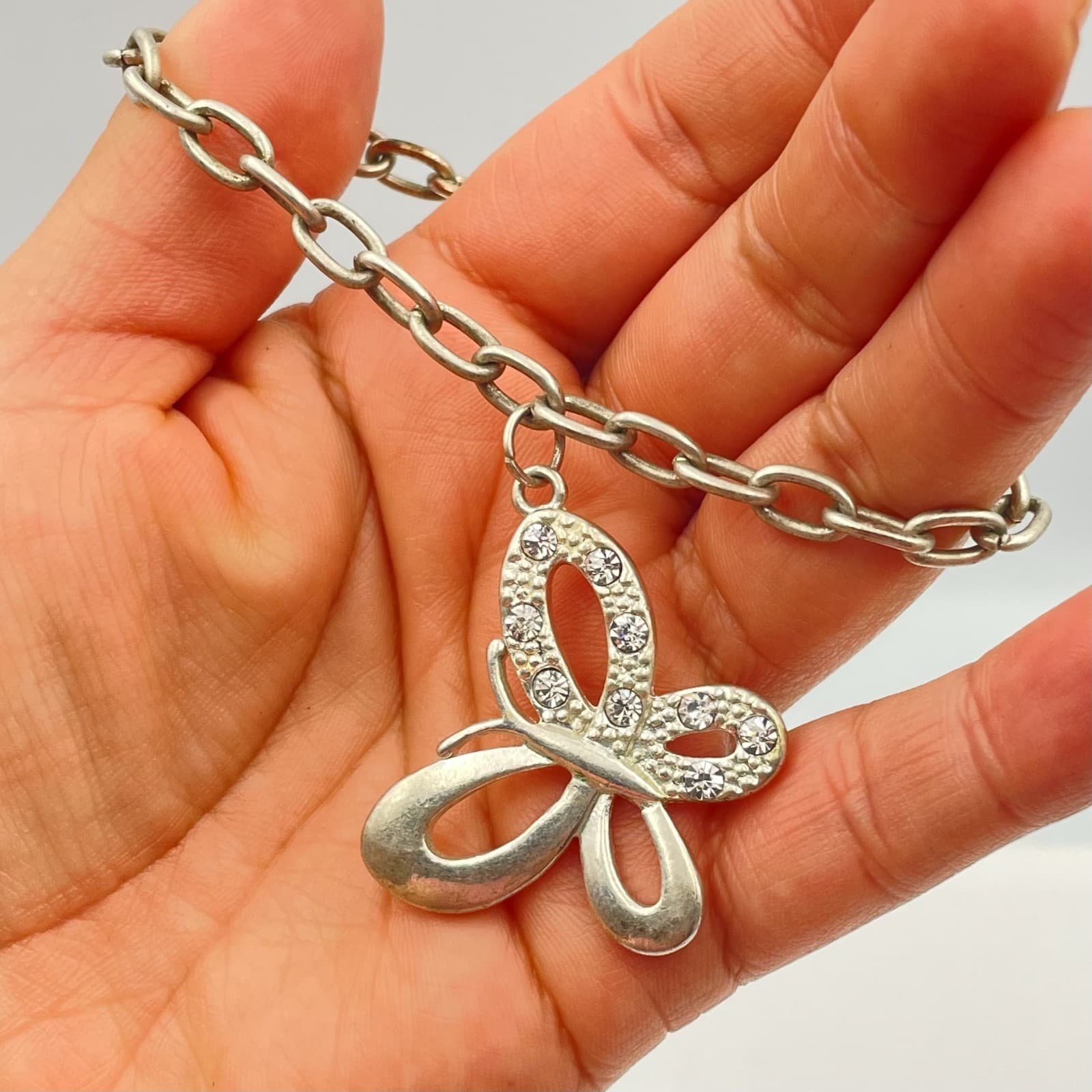 Vintage Y2K Silver Tone Butterfly Charm Bracelet Rhinestone Women's Jewelry - Thumbnail 6