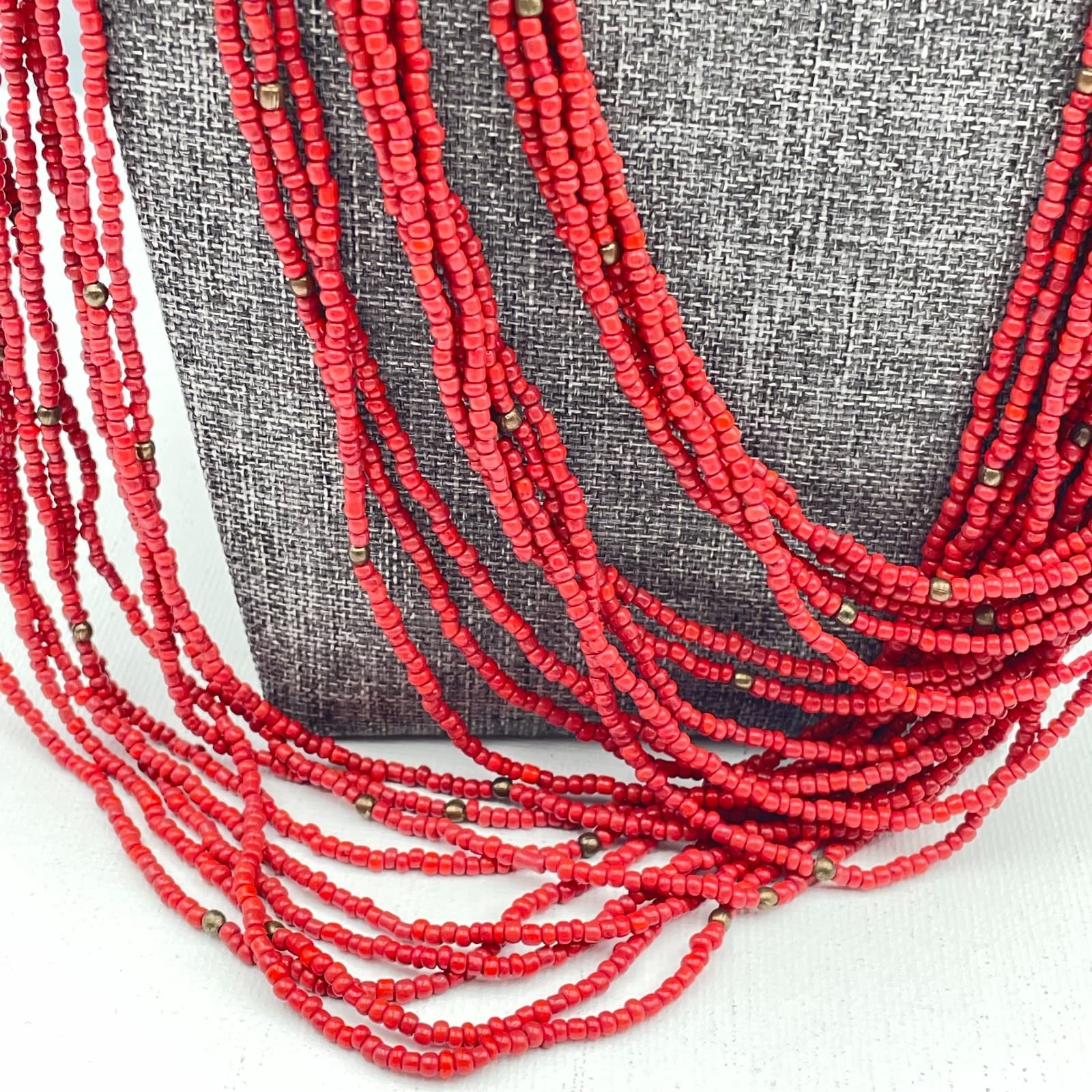 Vintage 90s Multi-Strand Red Glass Seed Bead Statement Necklace Boho Estate - Thumbnail 5