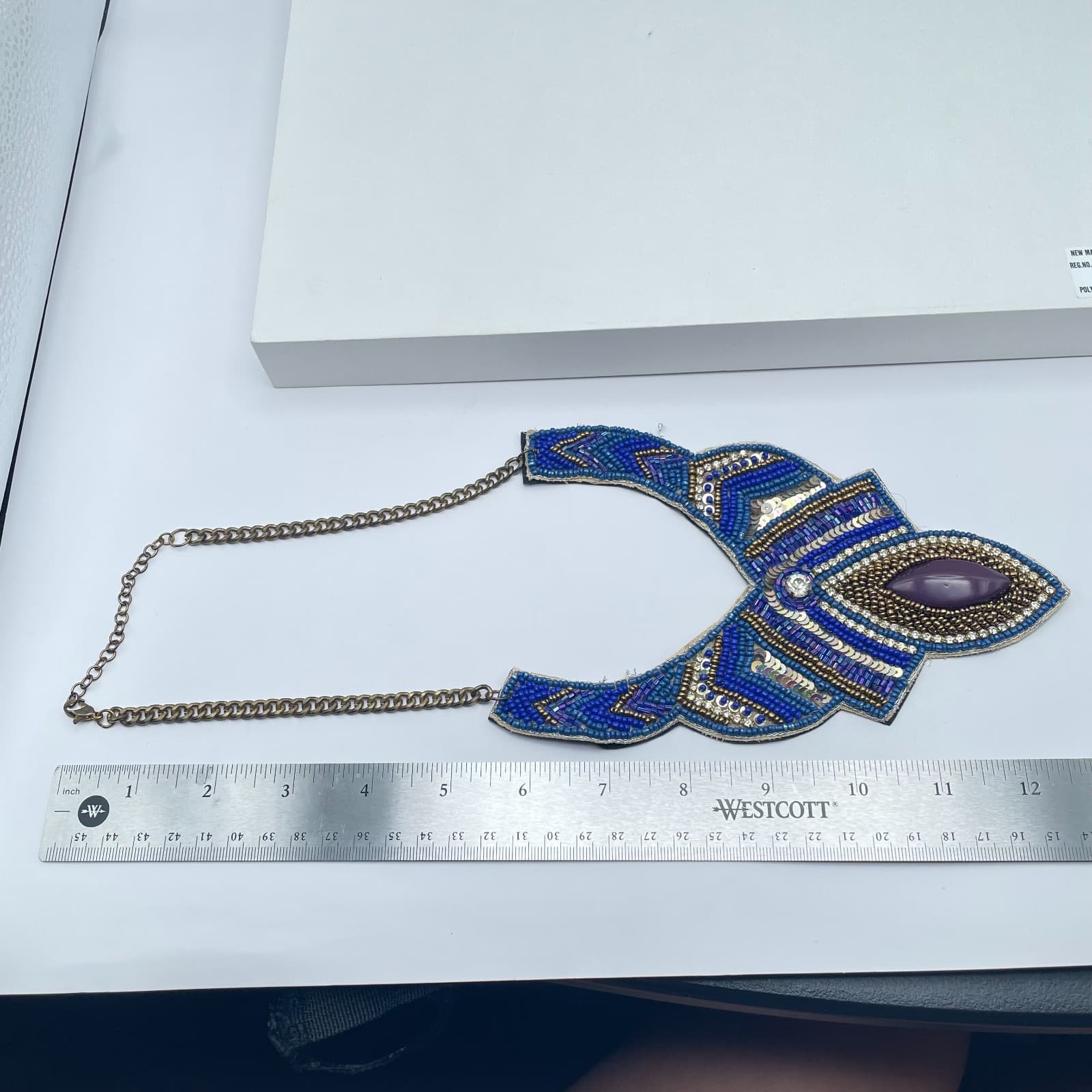 Vintage Y2K Gold Tone Purple Resin Rhinestone Blue Beaded Bib Necklace Jewelry - Thumbnail 11