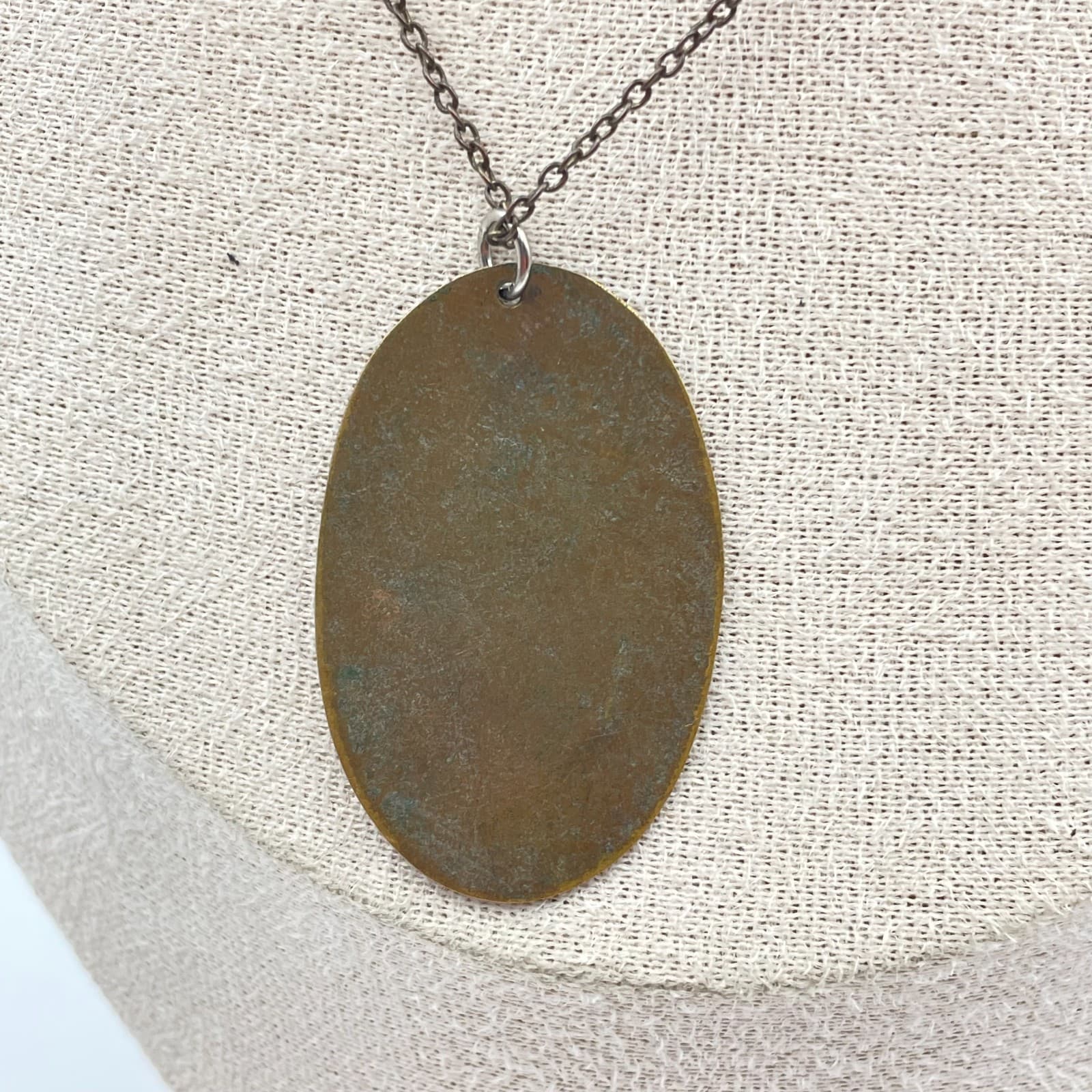Vintage Y2K Copper Tone Etched Green Oval Pendant Necklace Boho Women's Jewelry - Thumbnail 6