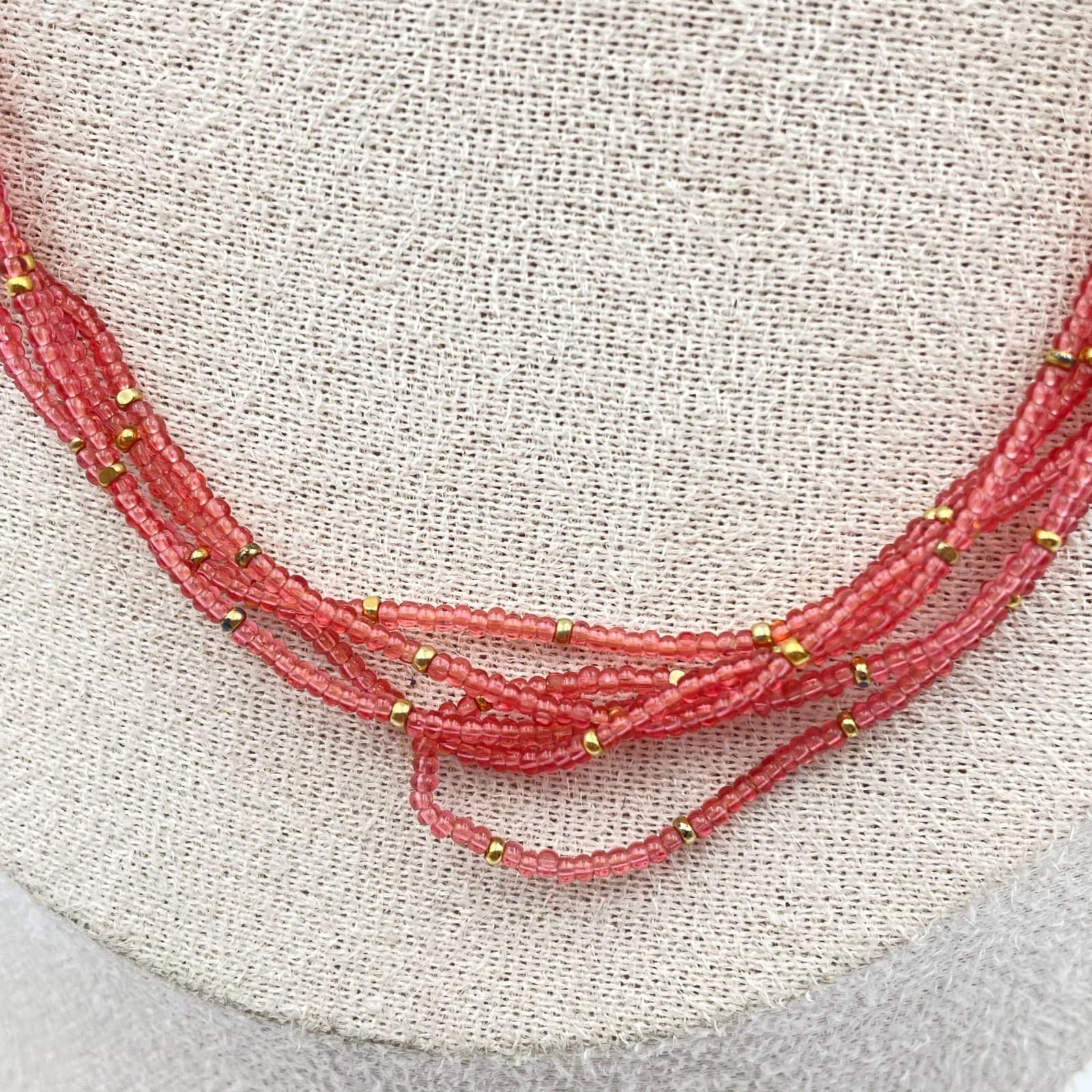 Vintage Y2K Gold Tone Multi Strand Seed Bead Necklace Red Boho Women's Jewelry - Thumbnail 4