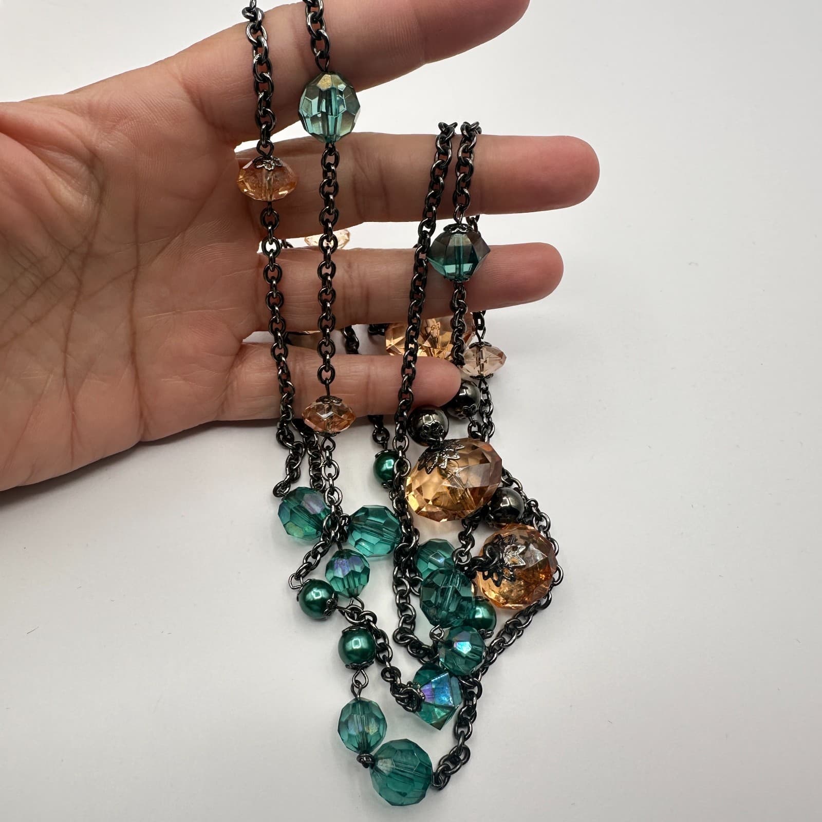 Vintage 80s Women Necklace Long Double Strand Glass Bead Gunmetal Tone Green - Thumbnail 6