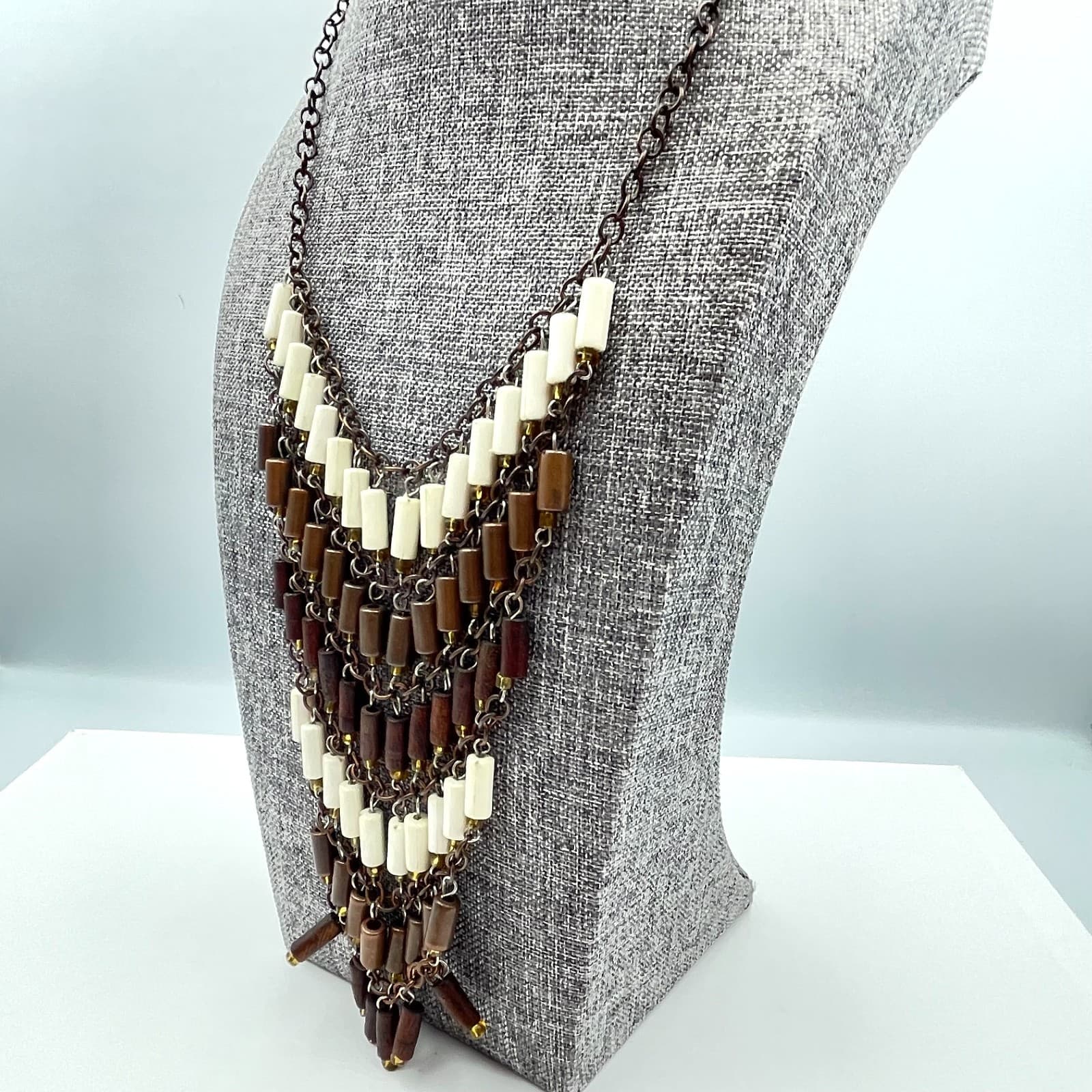 Vintage 90s Copper Tone Boho Bib Necklace Wood Cream Brown Tube Beaded Jewelry - Thumbnail 5