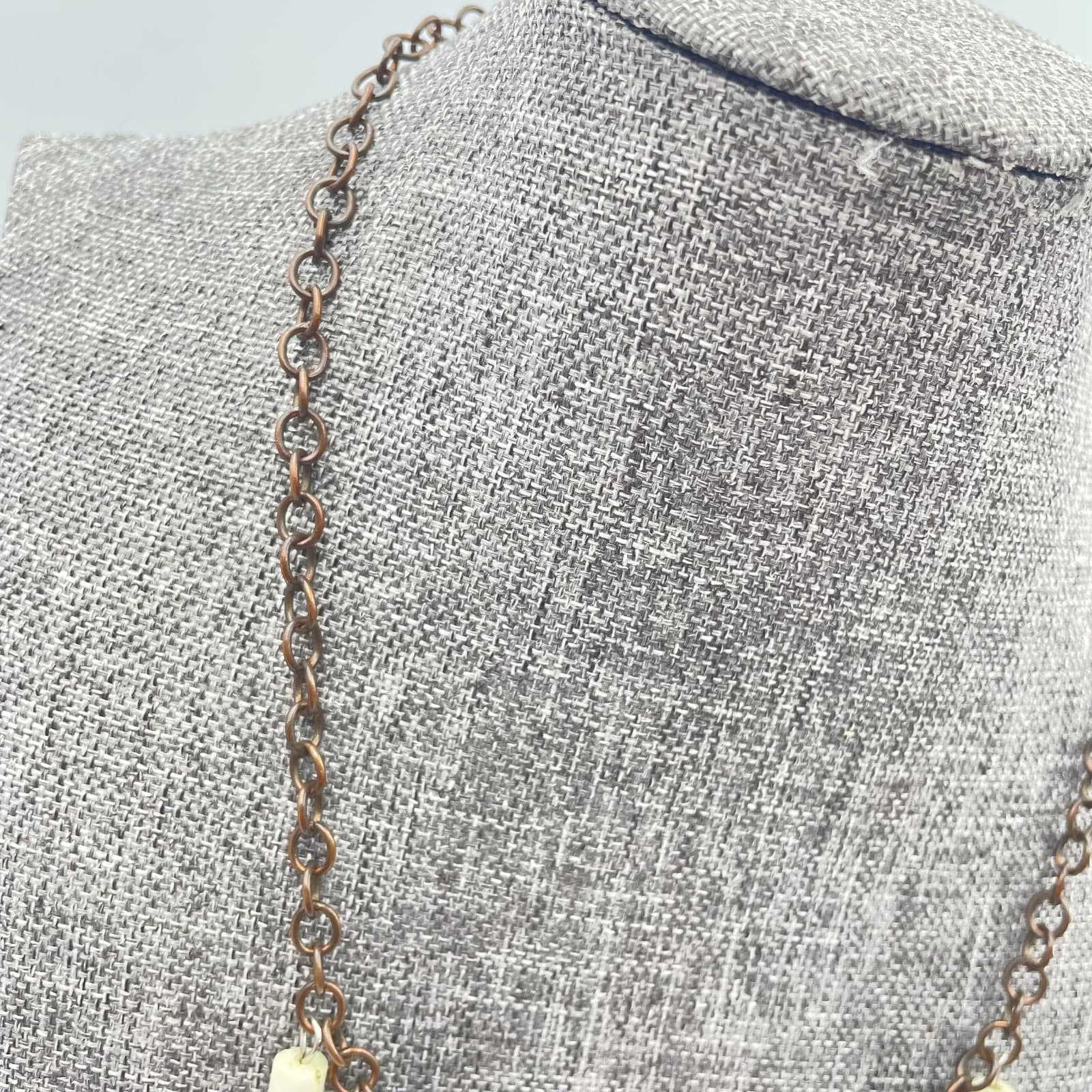 Vintage 90s Copper Tone Boho Bib Necklace Wood Cream Brown Tube Beaded Jewelry - Thumbnail 3