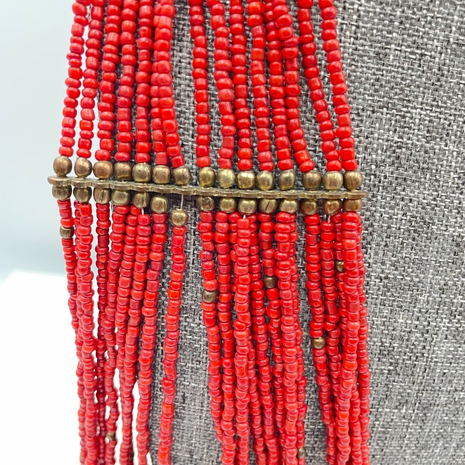 Vintage 90s Multi-Strand Red Glass Seed Bead Statement Necklace Boho Estate - Thumbnail 4