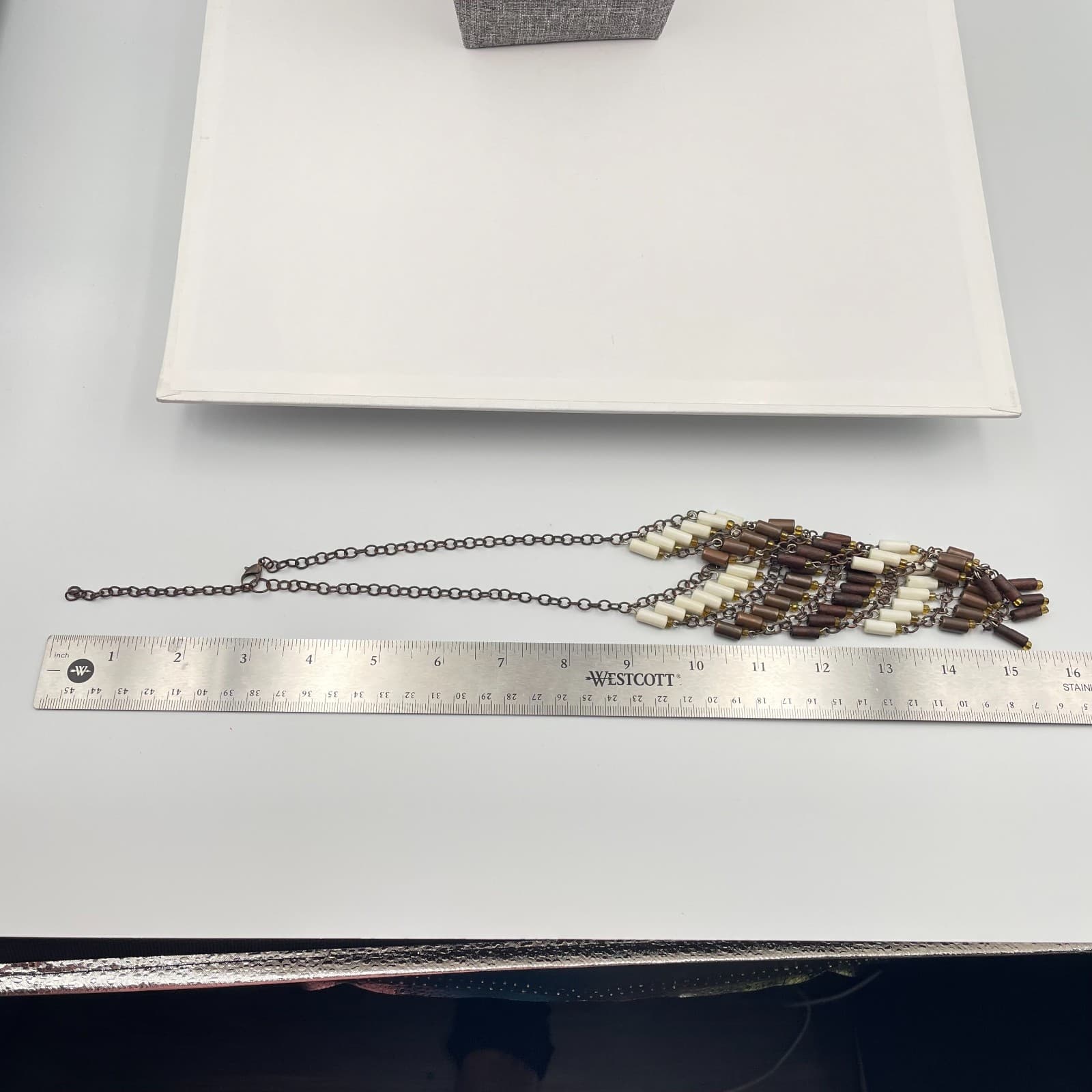 Vintage 90s Copper Tone Boho Bib Necklace Wood Cream Brown Tube Beaded Jewelry - Thumbnail 7