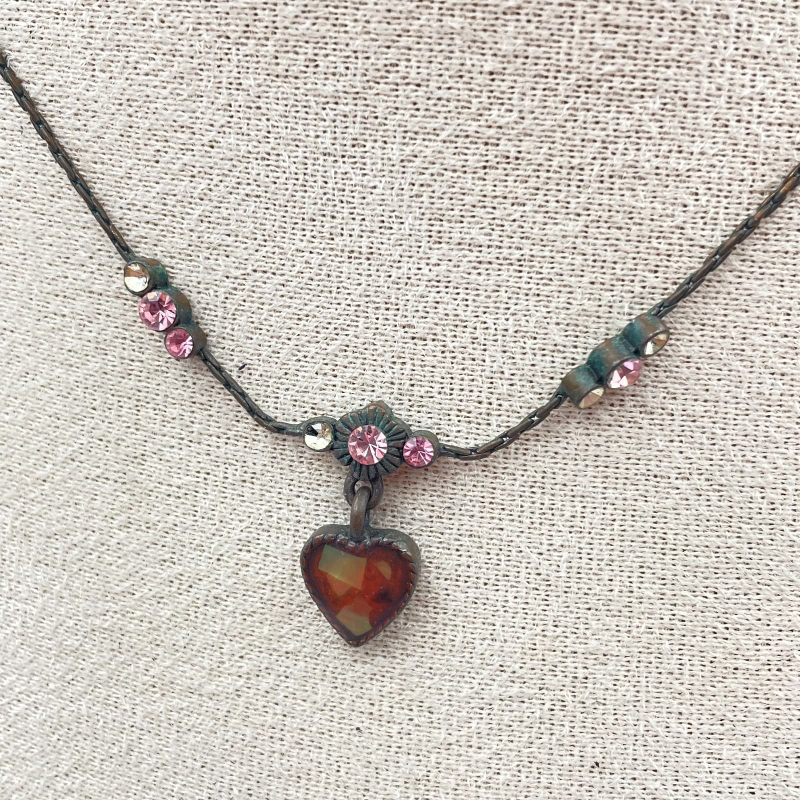 Vintage Y2K Bronze Tone Heart Pendant Necklaces Pink Glass Boho Fashion Jewelry - Thumbnail 3