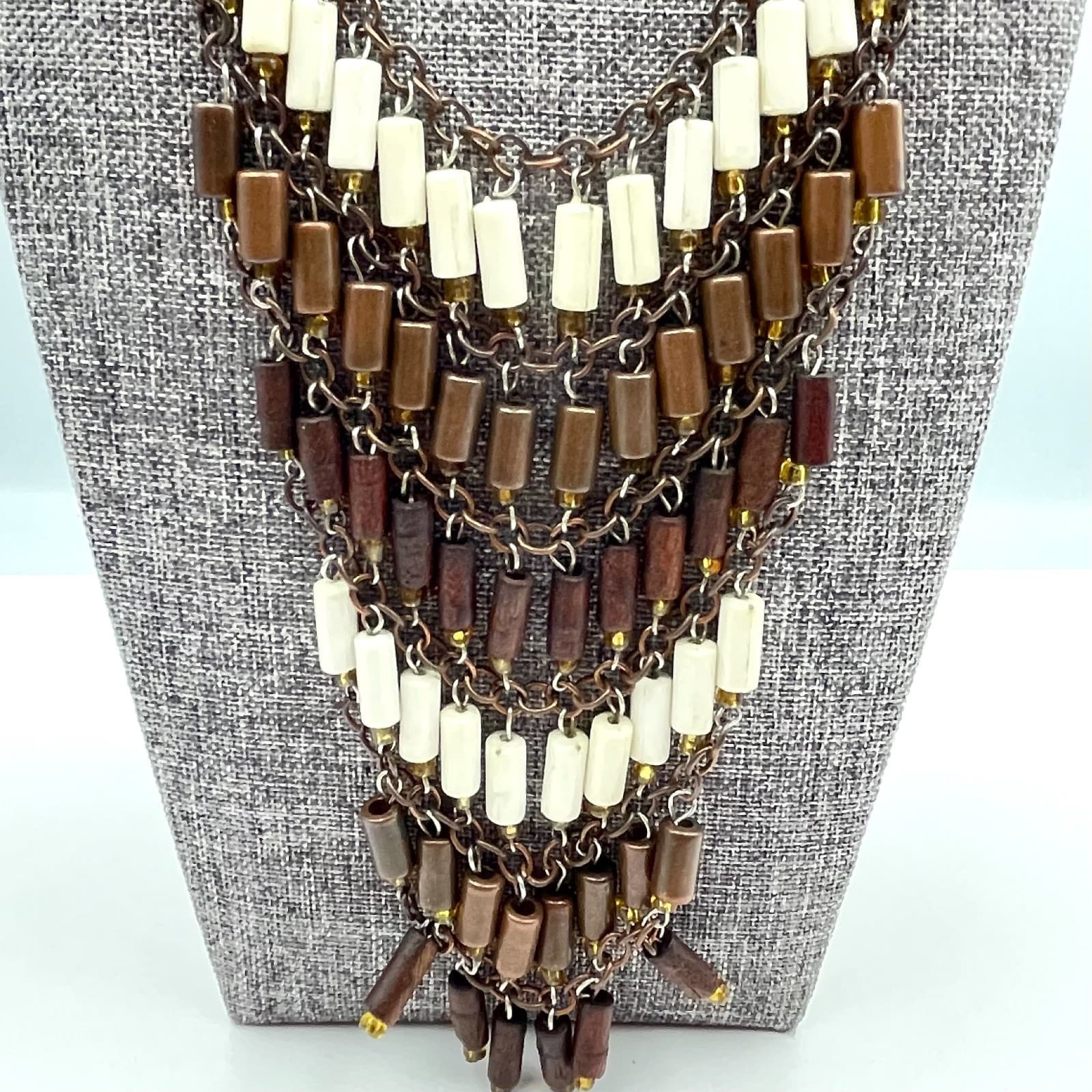 Vintage 90s Copper Tone Boho Bib Necklace Wood Cream Brown Tube Beaded Jewelry - Thumbnail 4