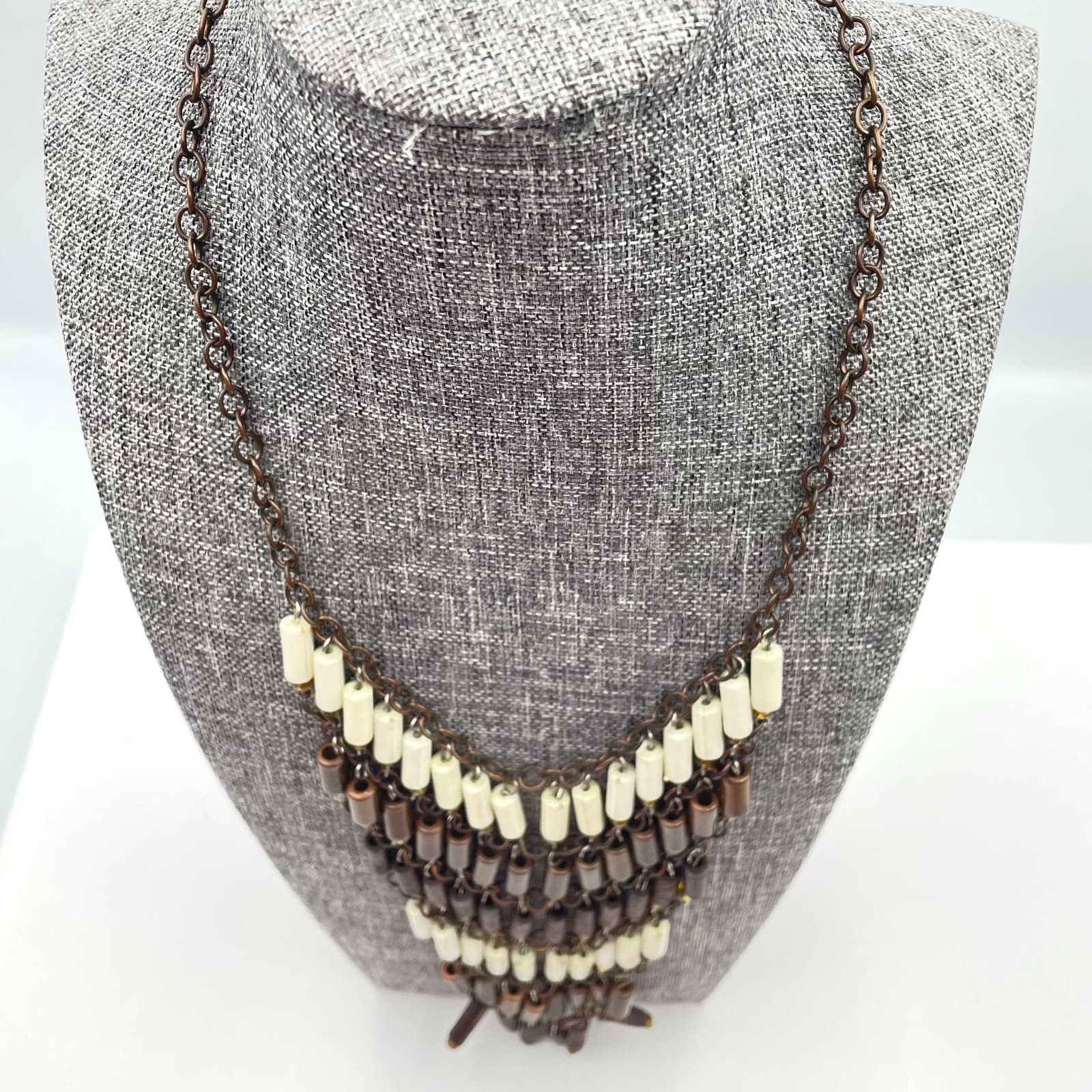 Vintage 90s Copper Tone Boho Bib Necklace Wood Cream Brown Tube Beaded Jewelry - Thumbnail 2